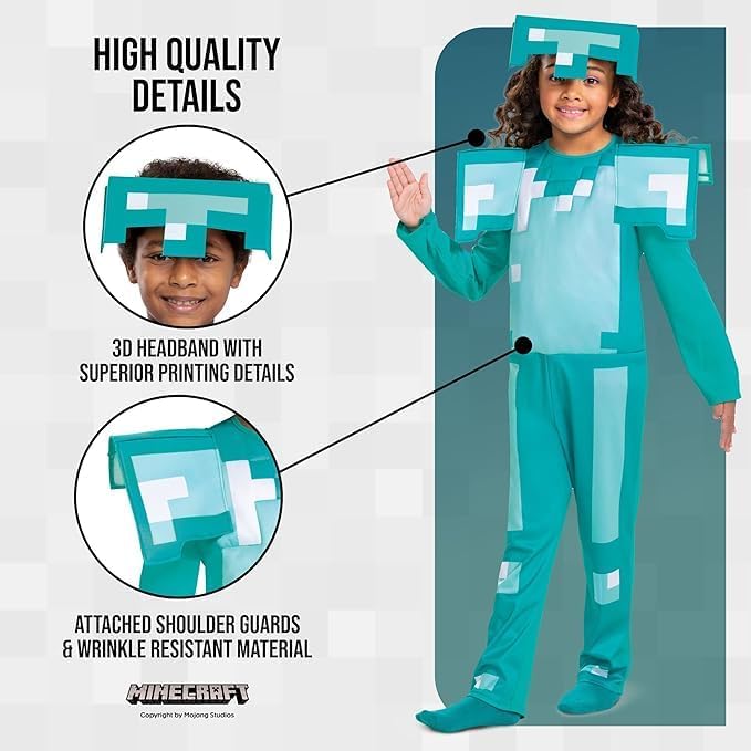 Detalle de Minecraft officieel kinderkostuum met halfmasker en afneembare schouderbeschermers