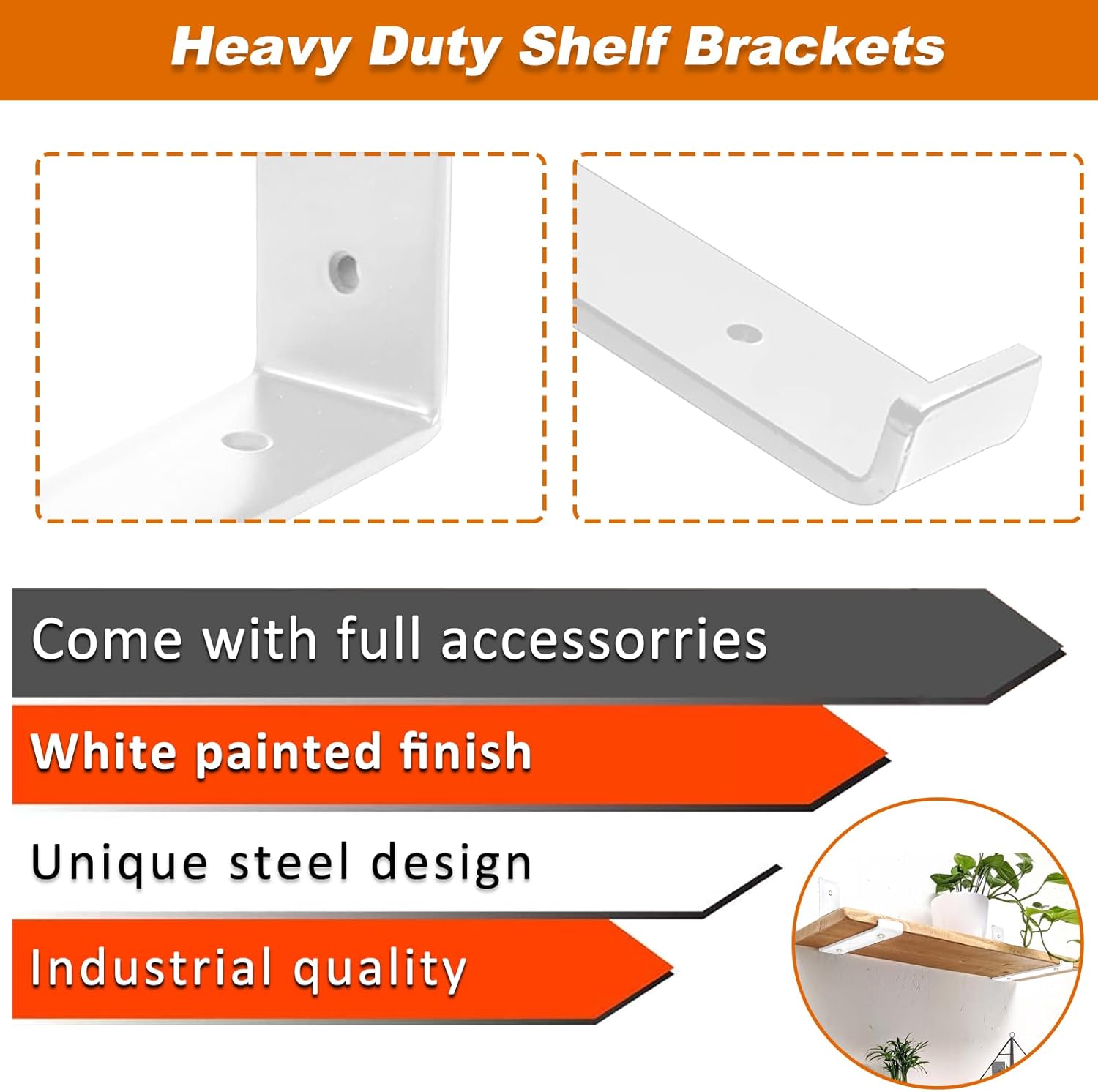 Thumbnail 3 de MLOQI 6 Pack Heavy Duty White Shelf Brackets with Lips (12"x6" / 15x30cm)