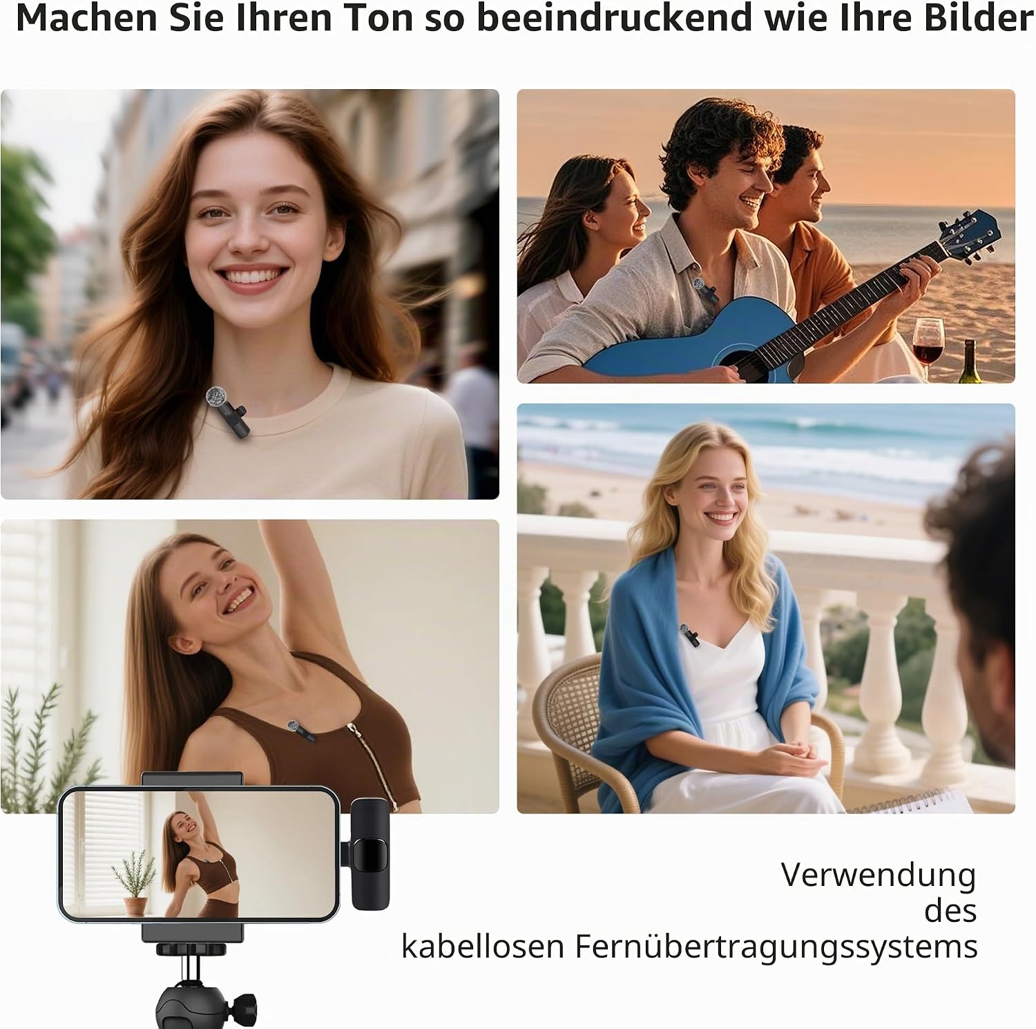 Detalle de Uewpv Kabelloses Lavalier-Mikrofon-Set 2er-Pack – USB-C/Lightning, Geräuschunterdrückung, kompatibel mit iPhone, iPad & Android