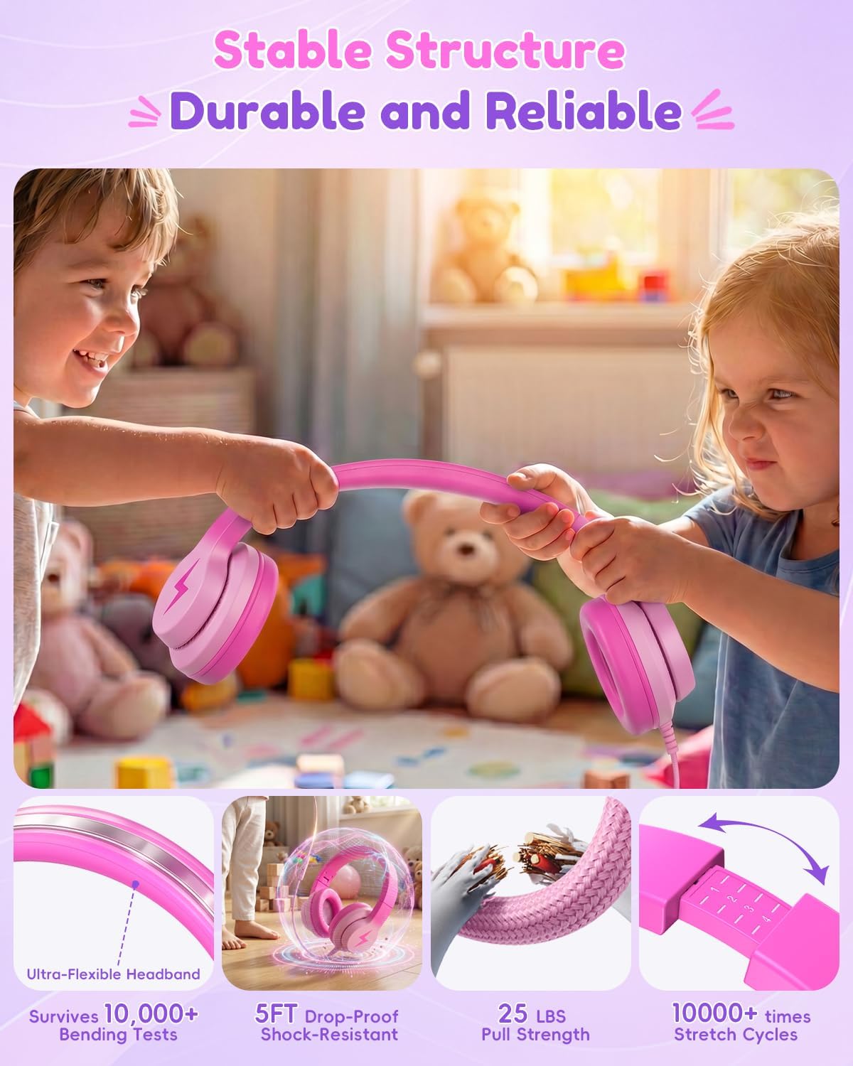 Detalle de Candy Bila USB-C Kids Headphones for School (85dB, Gradient Rose Pink)