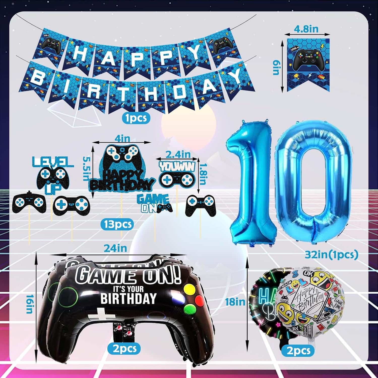 Thumbnail 2 de Betensh 10. Geburtstag Junge Luftballon Set – Videospiel-Themen Dekoration in Blau