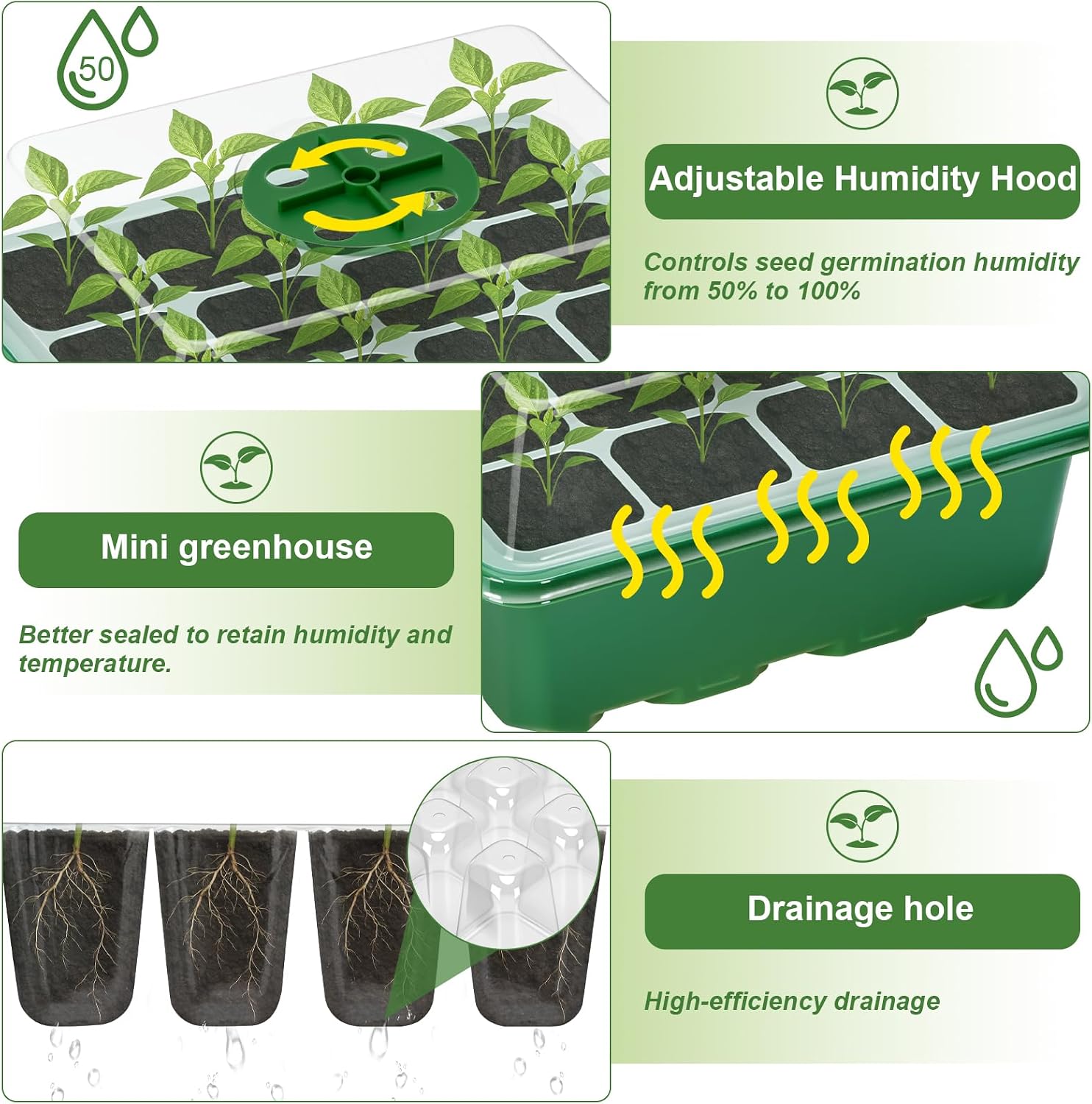 Detalle de Lychee Seed Trays, 10 Pack 120 Cells Propagator with Lidded/Rotatable Vent Design for Greenhouse & Gardens