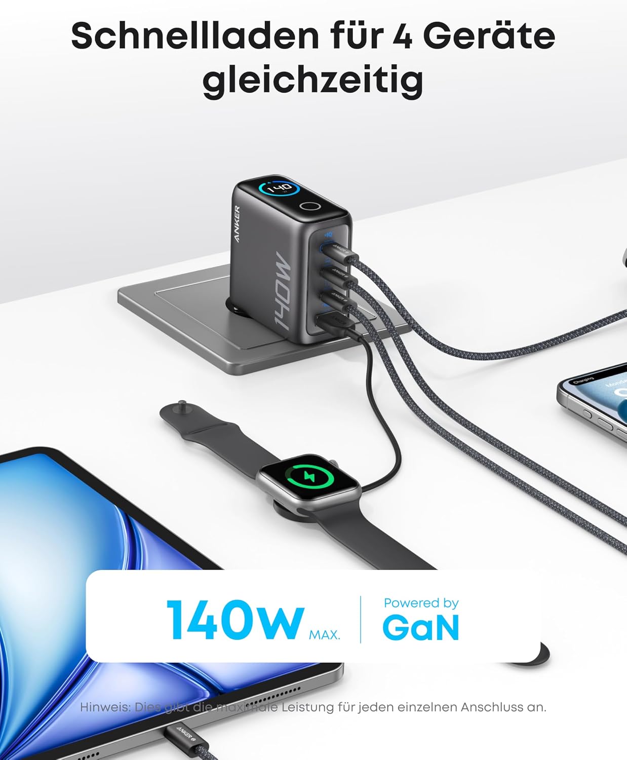 Detalle 2 de Anker 140W USB-C Ladegerät – 4-Port Netzteil mit GaN-Technologie