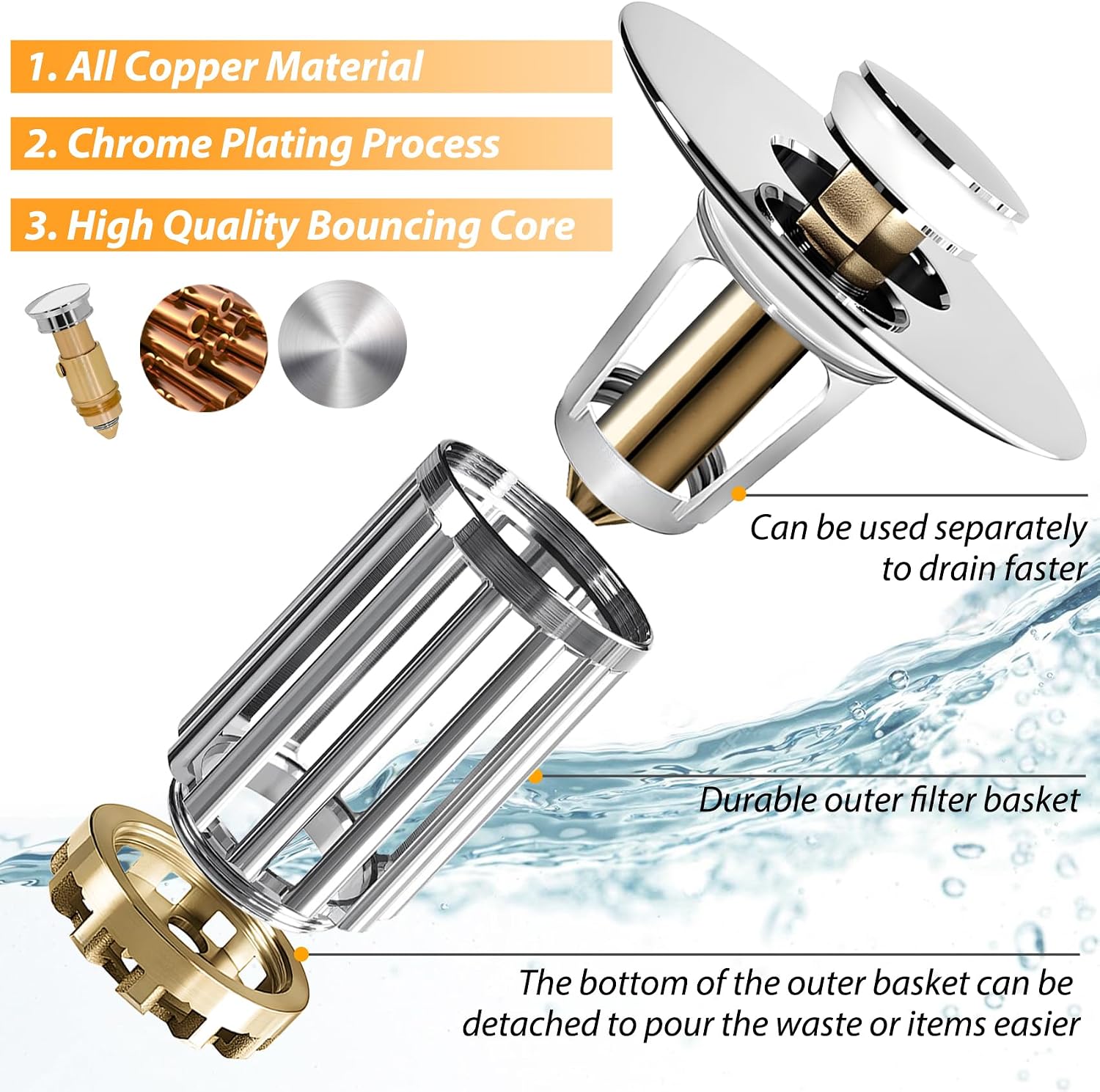 Detalle 2 de Anlige Bathroom Sink Drain Strainer, 3-in-1 Pop-Up Stopper, Chrome Silver