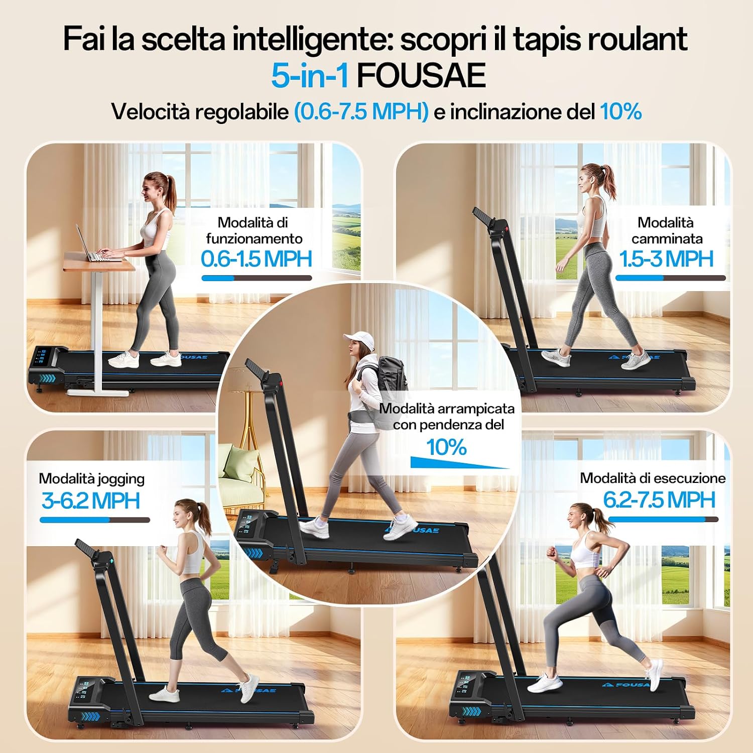 Detalle de FOUSAE Tapis Roulant Elettrico Pieghevole 5 in 1: inclinazione, display LED e avvolgimento salvaspazio