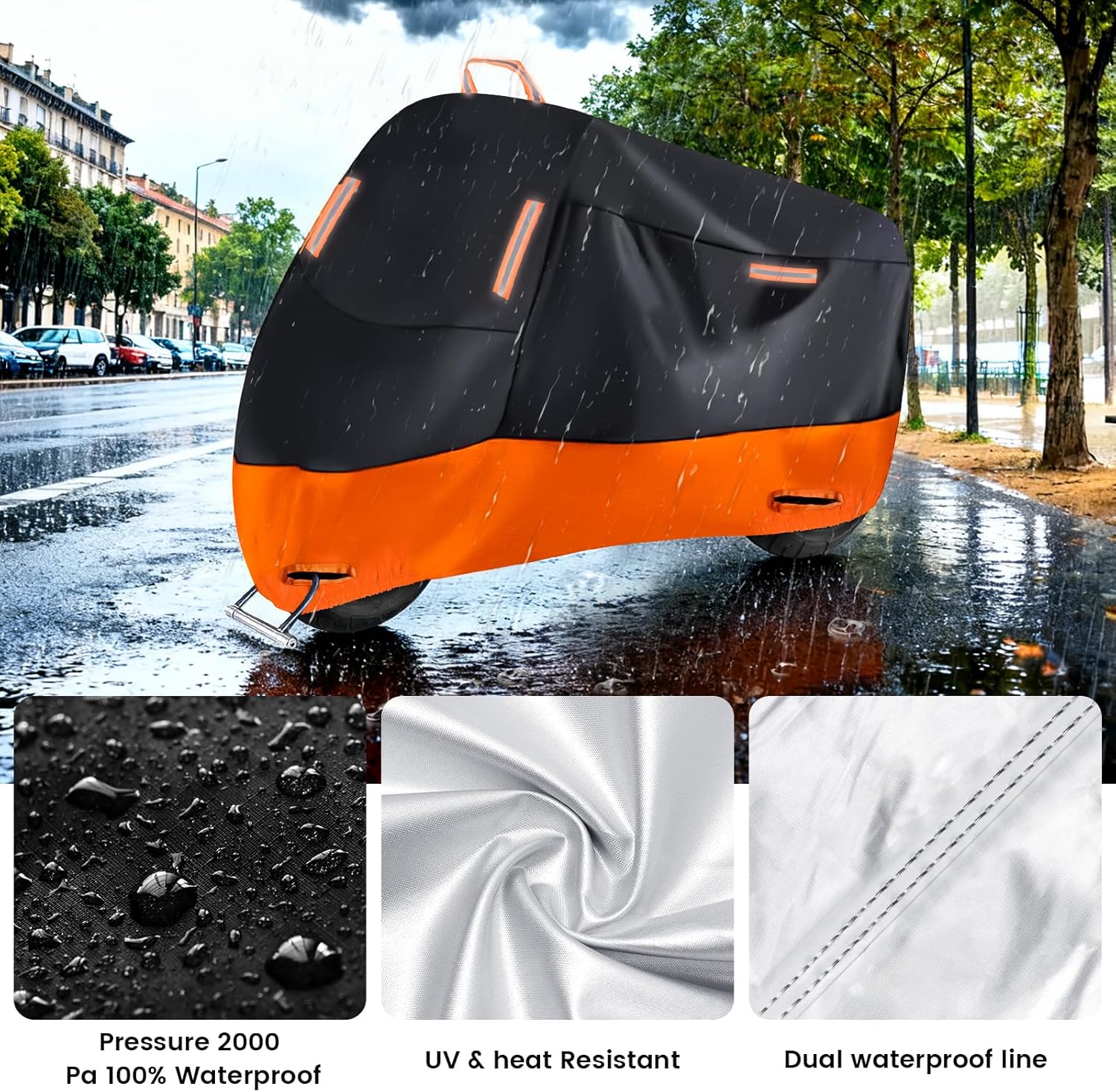 Thumbnail 2 de Motorbike Cover Waterproof, Heavy Duty 210D Polyester with 2000Pa Protection and Reflective Strips