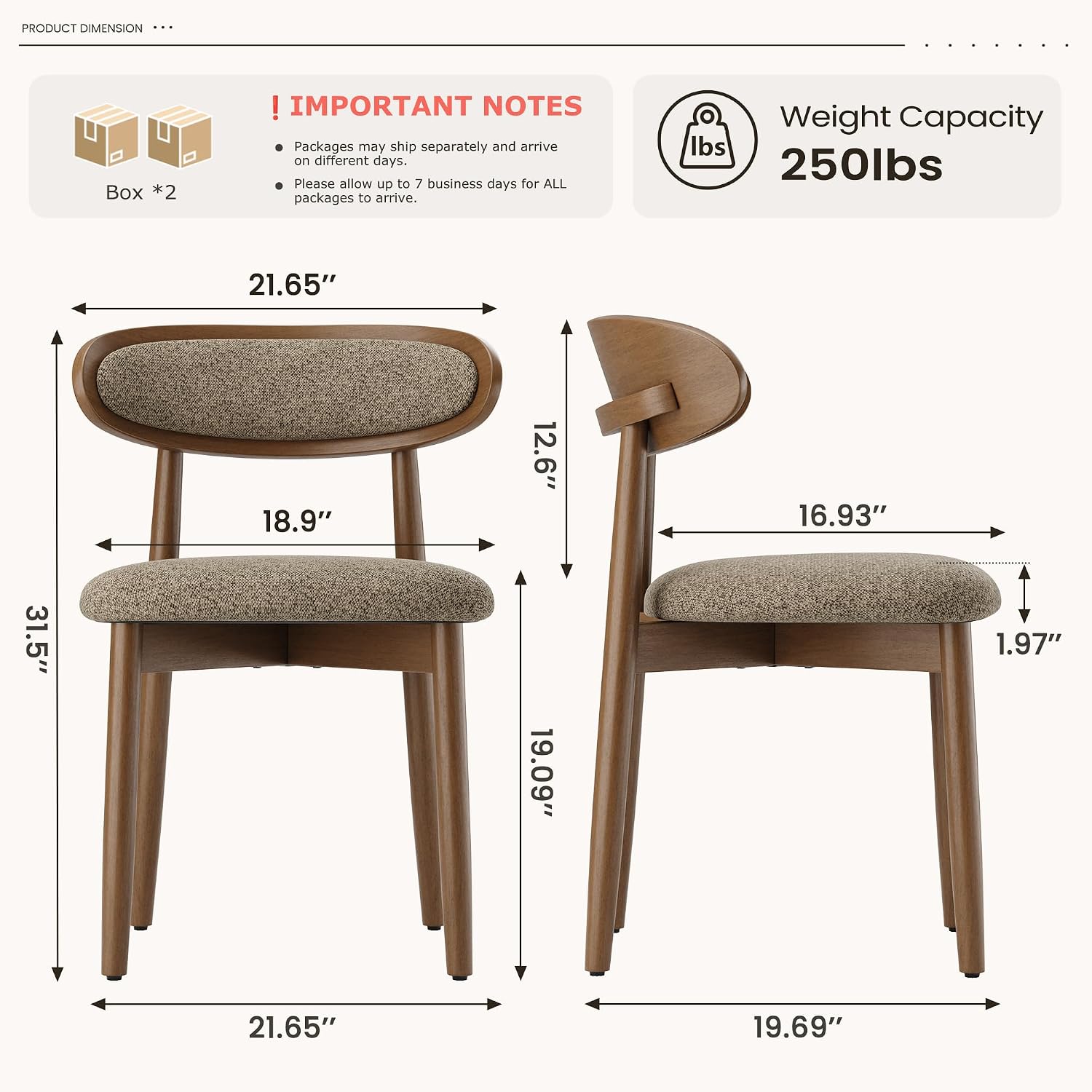 Detalle de MALOL DCW70 Wooden Dining Chairs, Set of 4, Camel Fabric, Curved Back