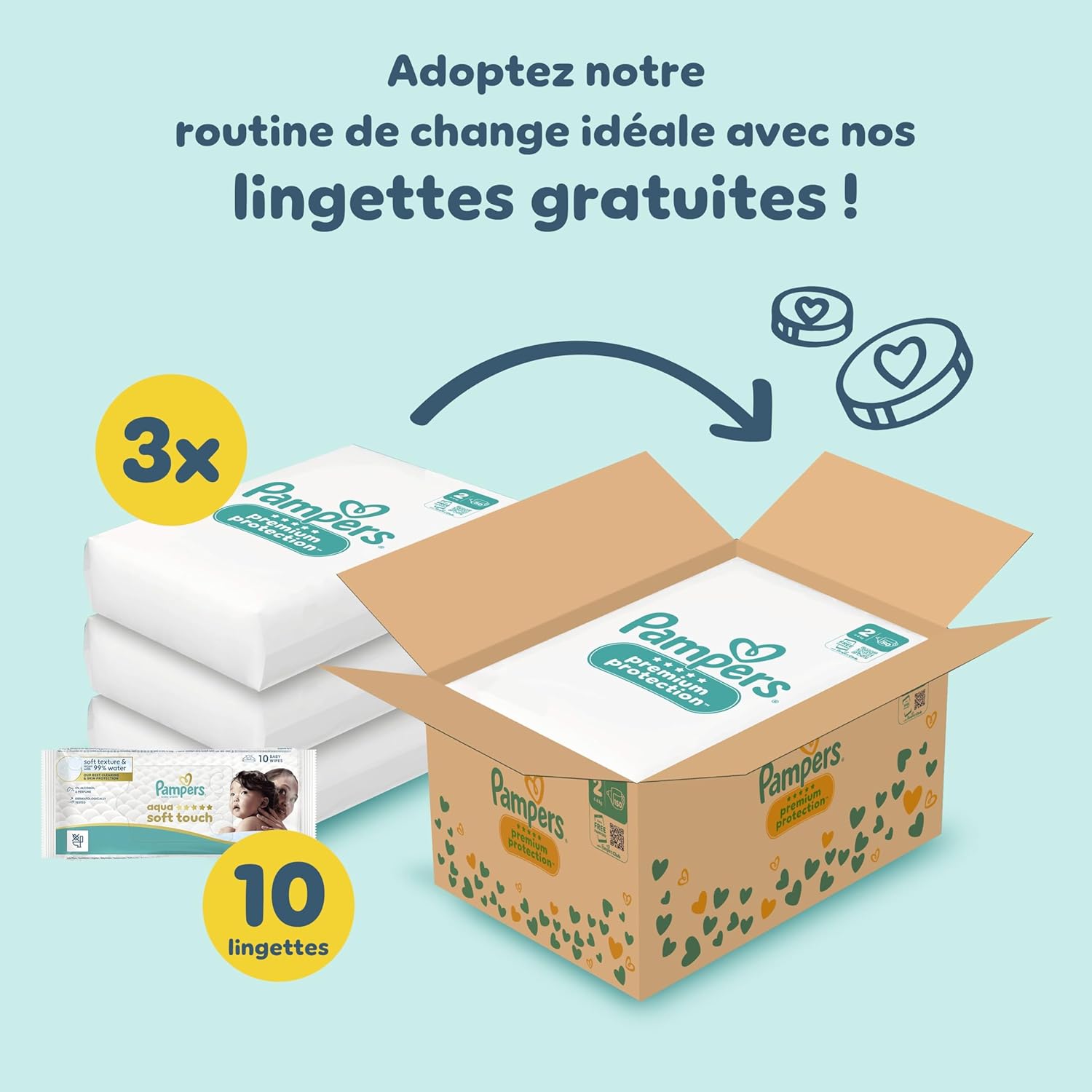 Detalle 2 de Pampers Premium Protection Taille 2 – 150 Couches (4-8 kg) avec 10 lingettes Aqua Soft Touch offertes
