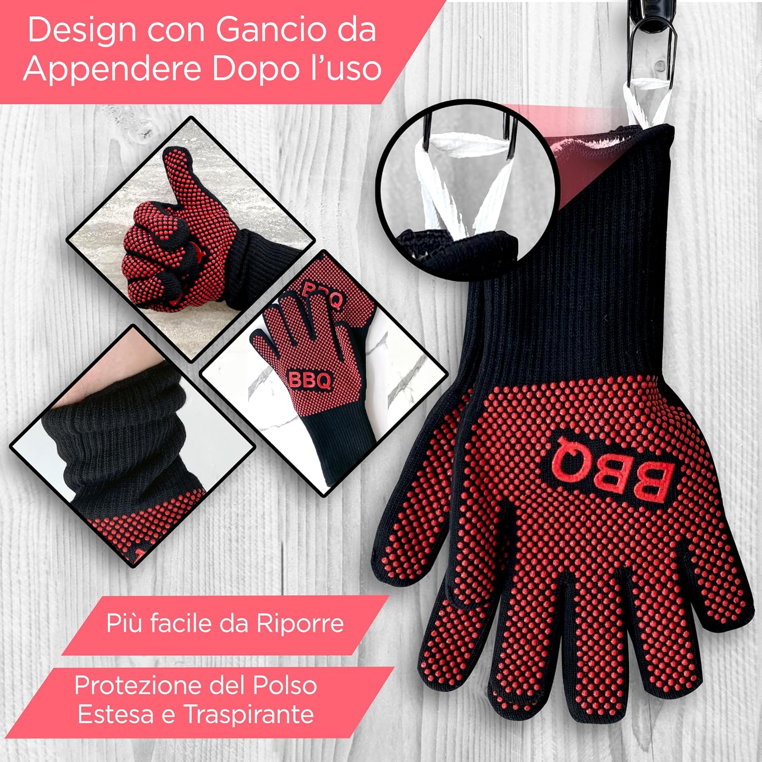 Detalle de Guanti da forno BBQ NutriChef resistenti fino a 800°C, antiscivolo in silicone