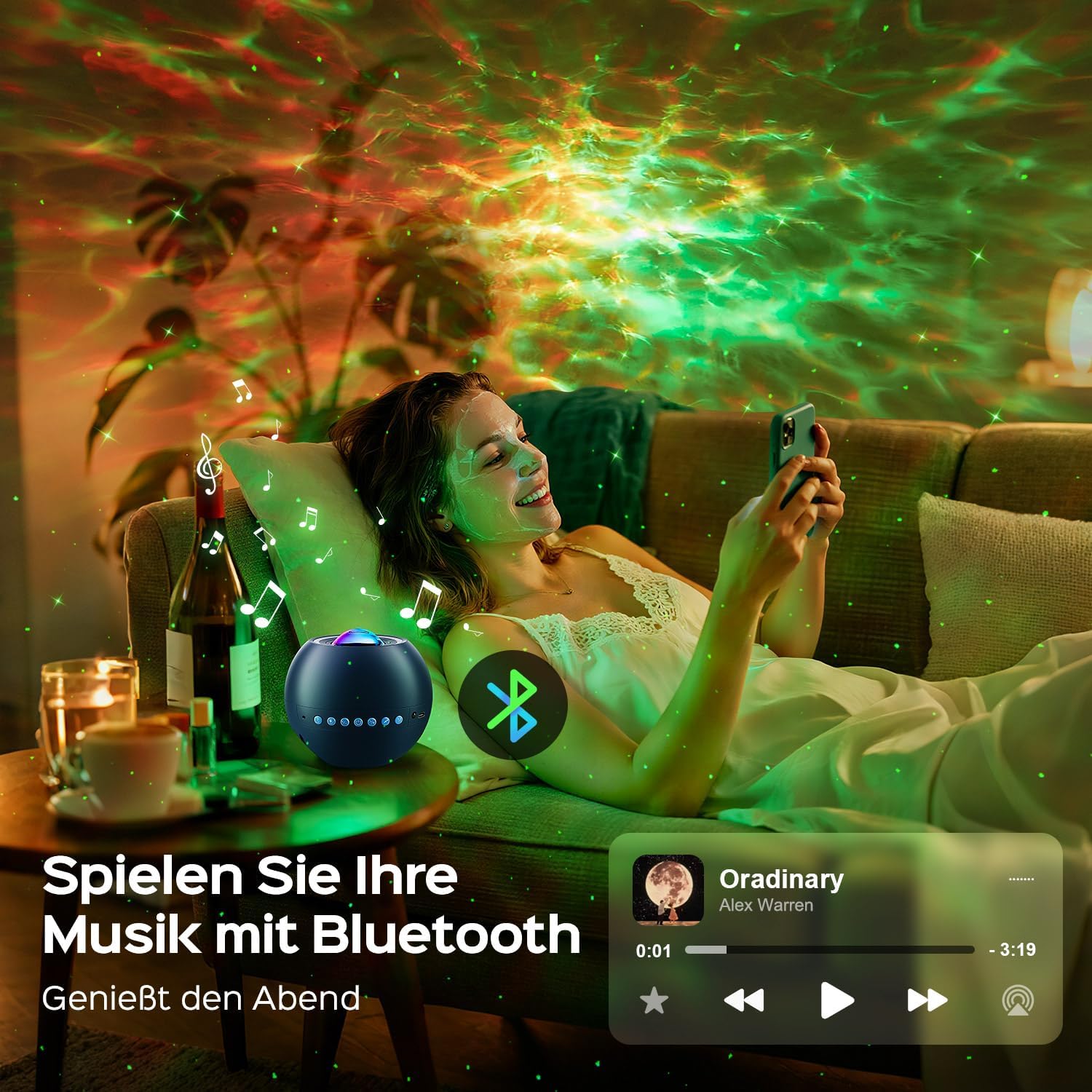 Detalle de One Fire Sternenhimmel Projektor – 15 Farben, 15 Einschlaflieder, Bluetooth & Fernbedienung