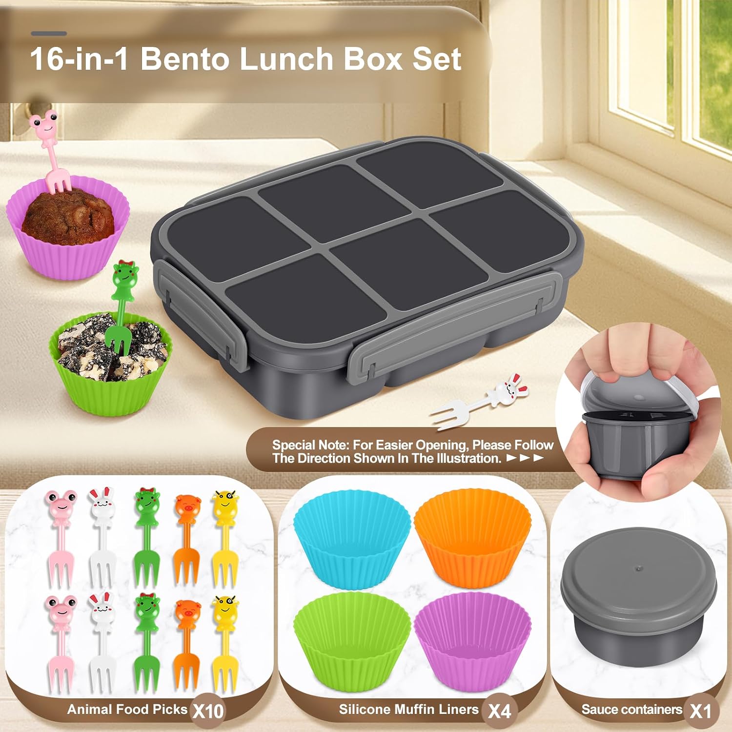Detalle de Amathley Kids Bento Lunch Box (6 Compartments) with Sauce Cup, Food Picks & Muffin Cups – Dark Gray