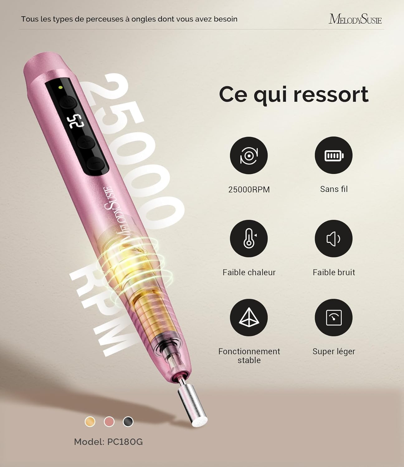 Thumbnail 3 de MelodySusie PC180G Lime à Ongle Électrique Sans Fil 25000 tr/min – Kit professionnel, rose