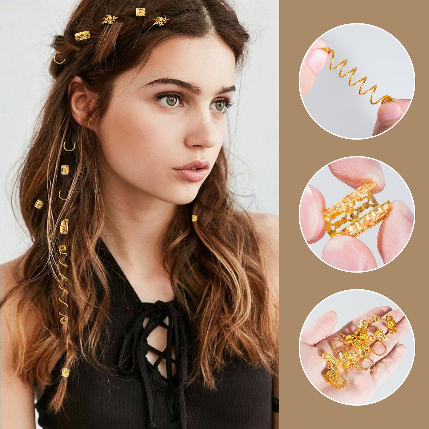 Detalle 2 de Kieswan Dreadlocks Schmuck 100 Stück Gold