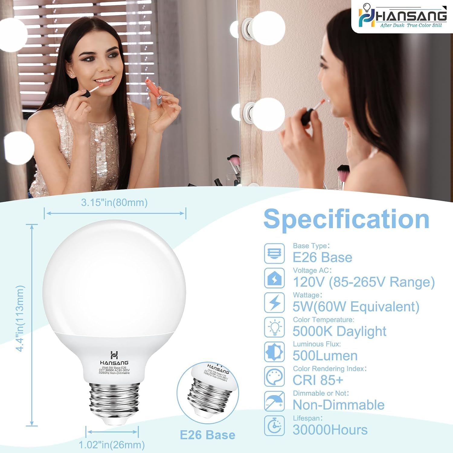 Detalle de hansang G25 LED Globe Bulbs, 5000K Daylight, 5W, E26, 60W Equivalent, 4-Pack