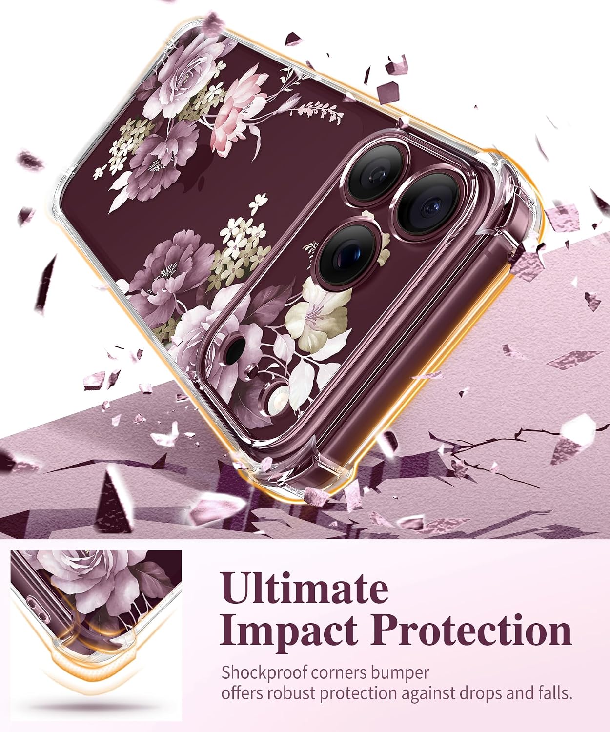 Detalle de GVIEWIN Floral Clear Case for iPhone 18 Pro/17 Pro, Slim with Screen and Camera Protection