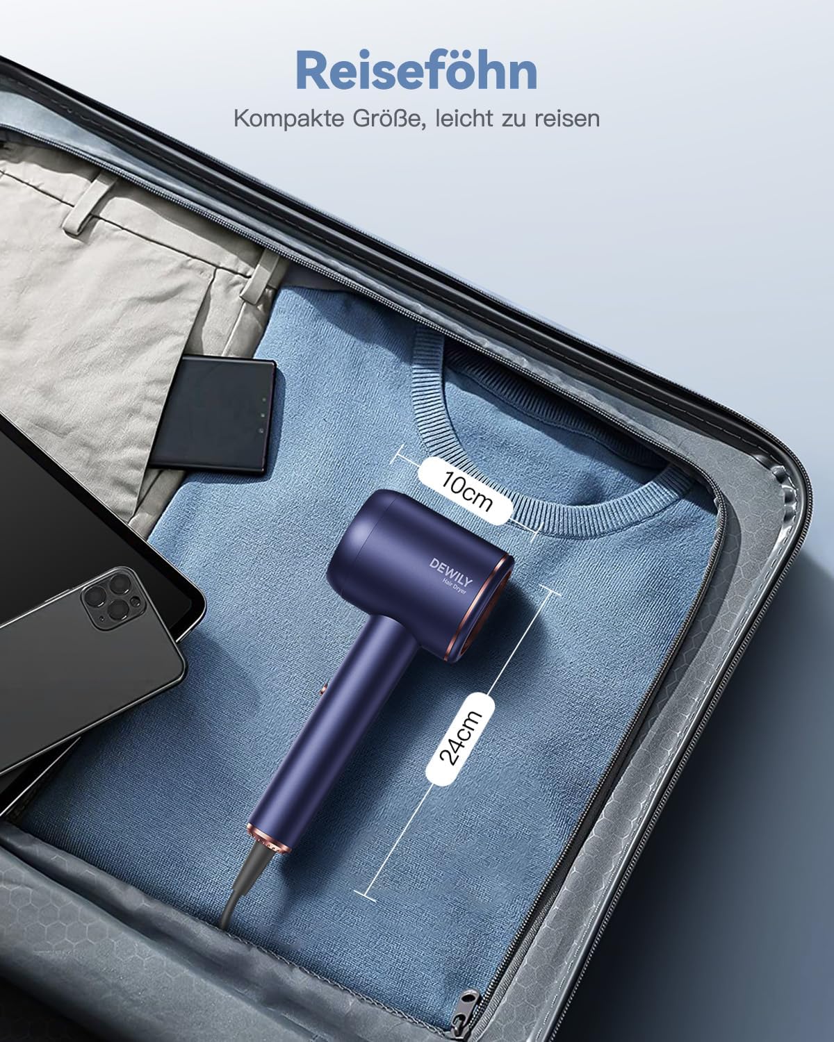 Detalle de DEWILY Ionen-Föhn 1800W mit Diffusor – kompakter Reisehaartrockner, 2 Geschwindigkeiten, 4 Temperaturstufen, Diffusor & Konzentrator, blau