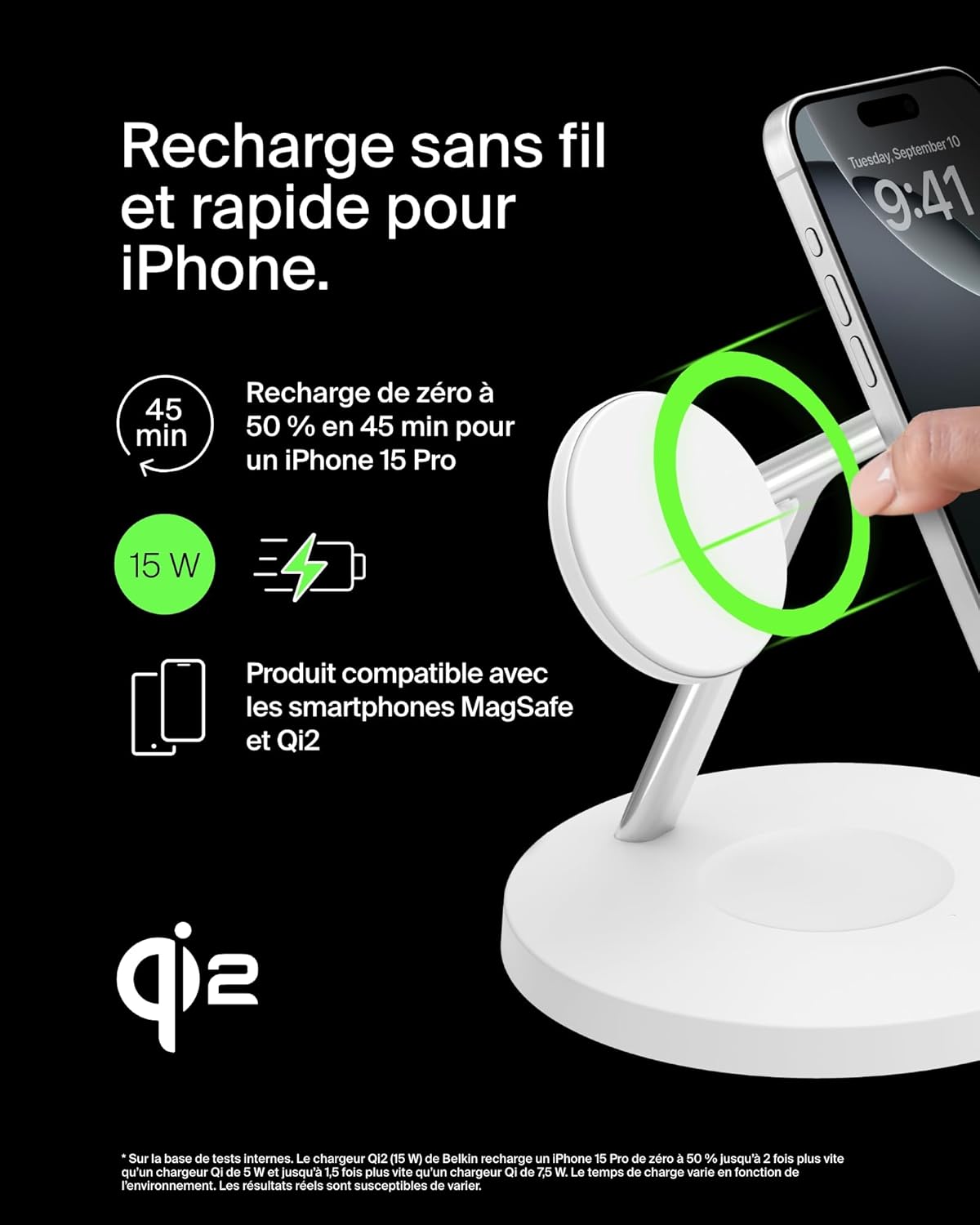 Detalle de Belkin BoostCharge Station 3-en-1 avec Qi2 | Chargeur MagSafe pour iPhone, Apple Watch et AirPods