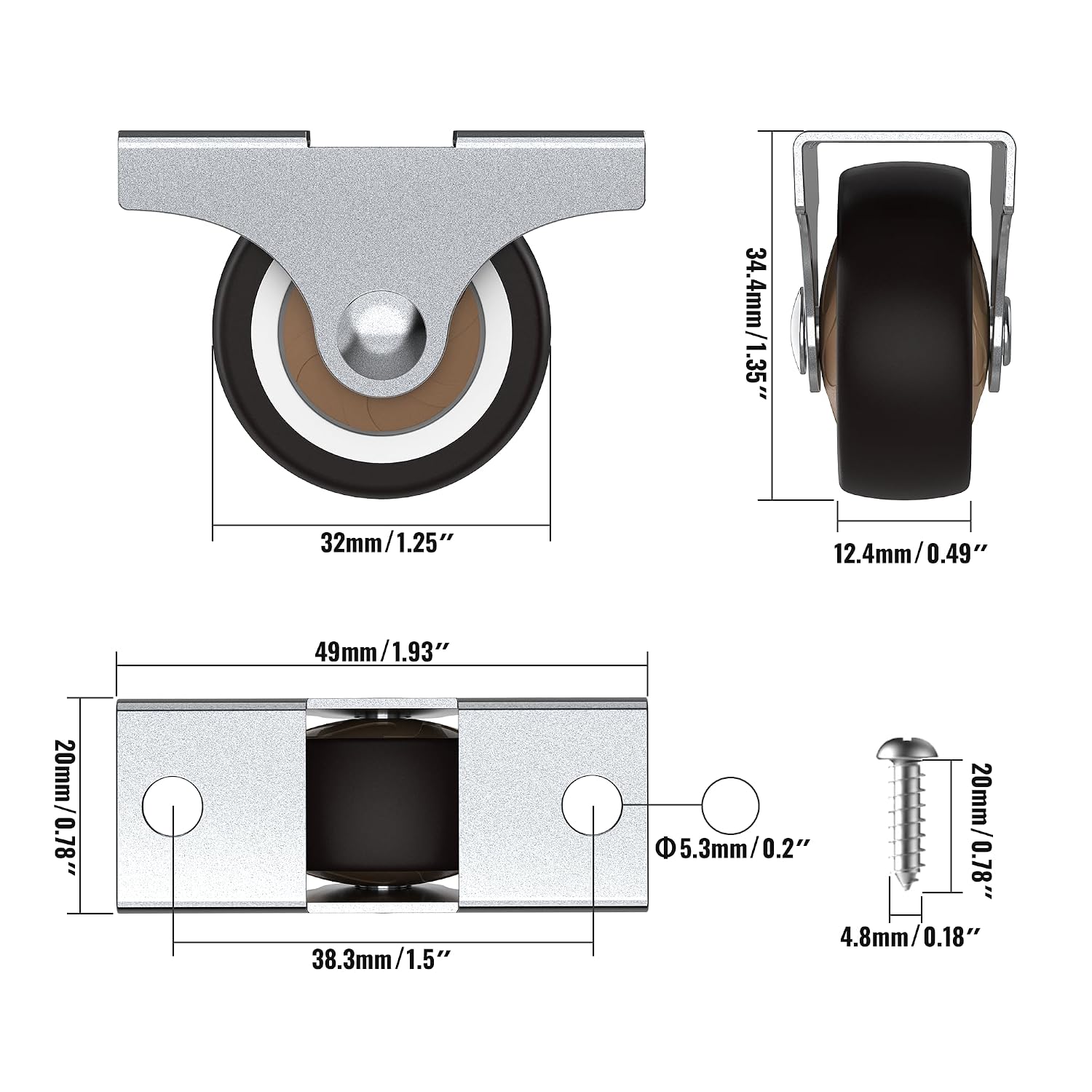 Thumbnail 1 de HOLKIE 32mm Heavy Duty Castor Wheels for Furniture – Non-Swivel, Silent Rubber TPR Tops (Set of 4)