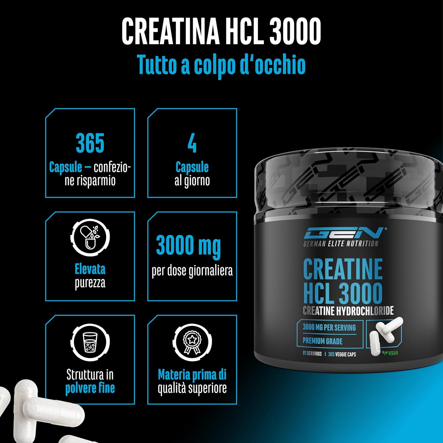 Thumbnail 1 de GEN GERMAN ELITE NUTRITION Creatine HCL 3000 mg capsule