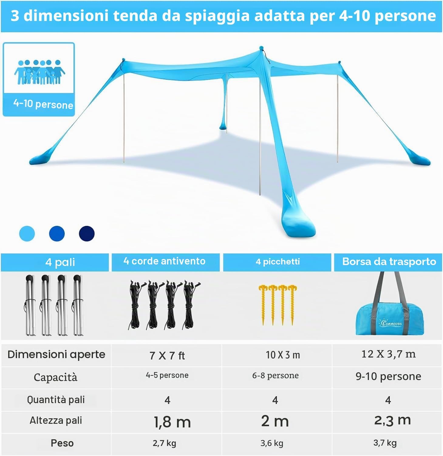 Detalle 2 de COMMOUDS Tenda Parasole da Spiaggia 3m x 3m: Rifugio stabile e pratico per famiglia