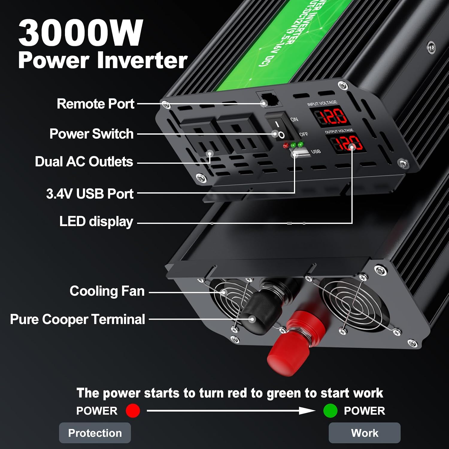 Detalle 2 de HONOURLIGHT 4874849 3000W Power Inverter, 12V DC to 110/120V AC, LCD