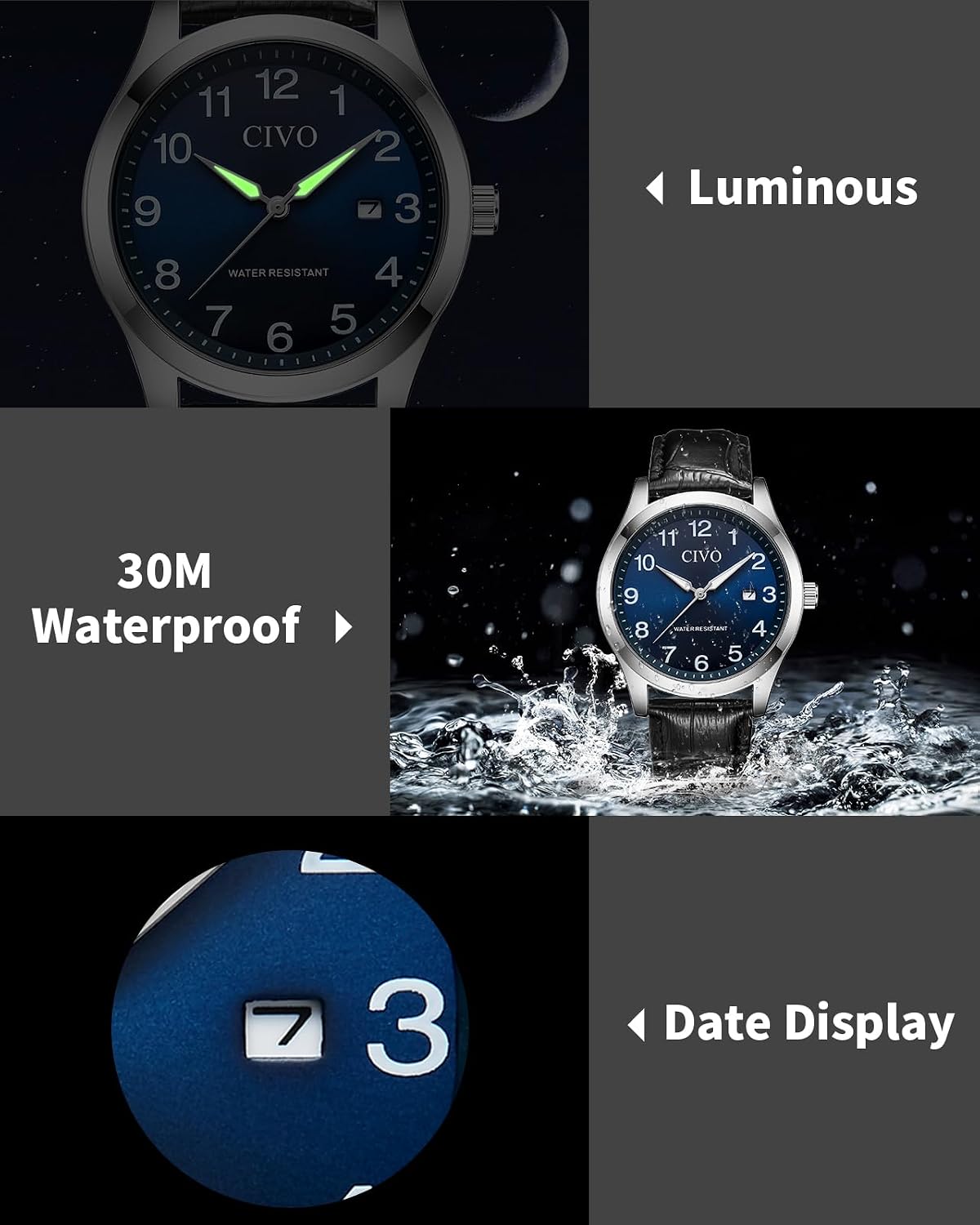 Detalle de CIVO Leicht Lesbar Herren-Uhr 40 mm – große Ziffern, Leuchtzeiger, Datum, 3ATM Wasserdicht