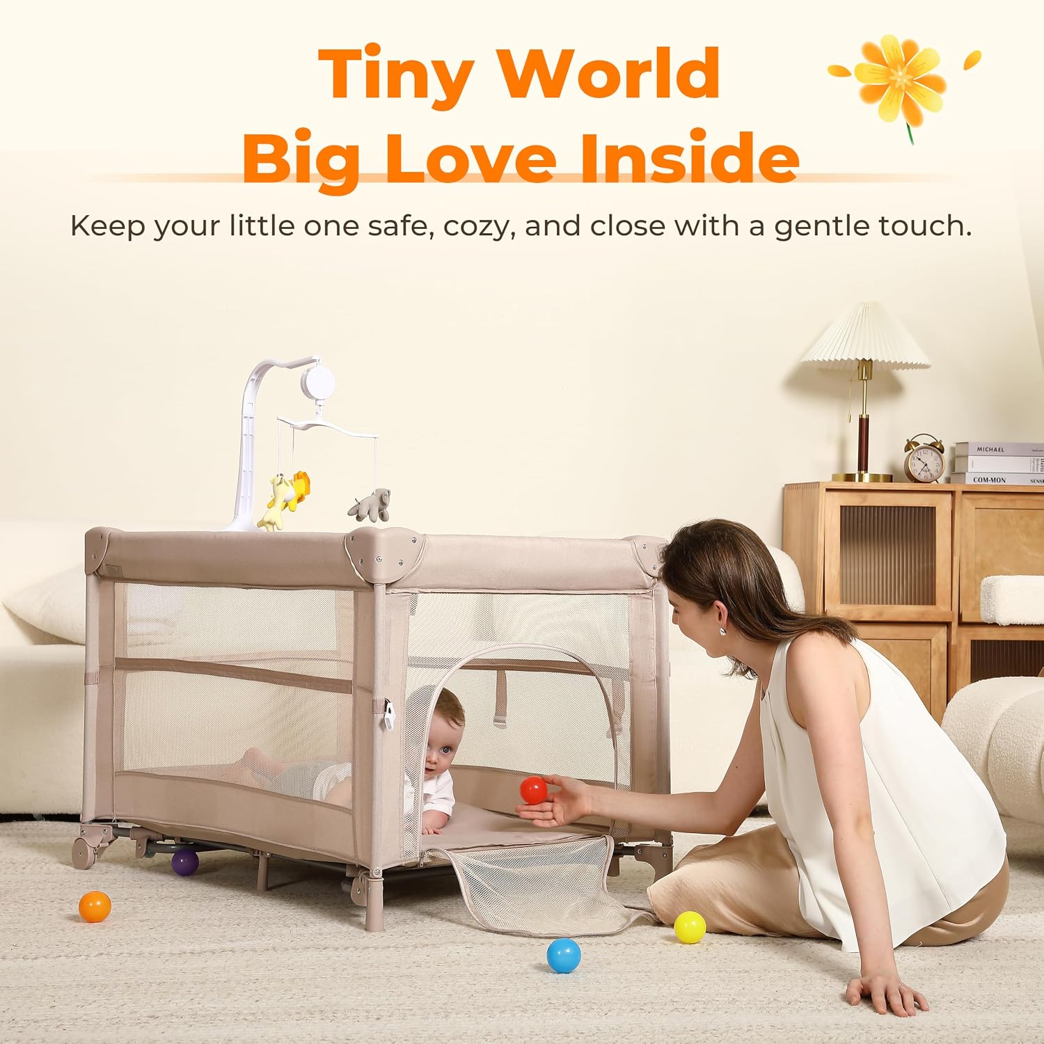 Detalle 1 de Dapue 4-in-1 Baby Playard, Beige Portable Crib with Breathable Mesh