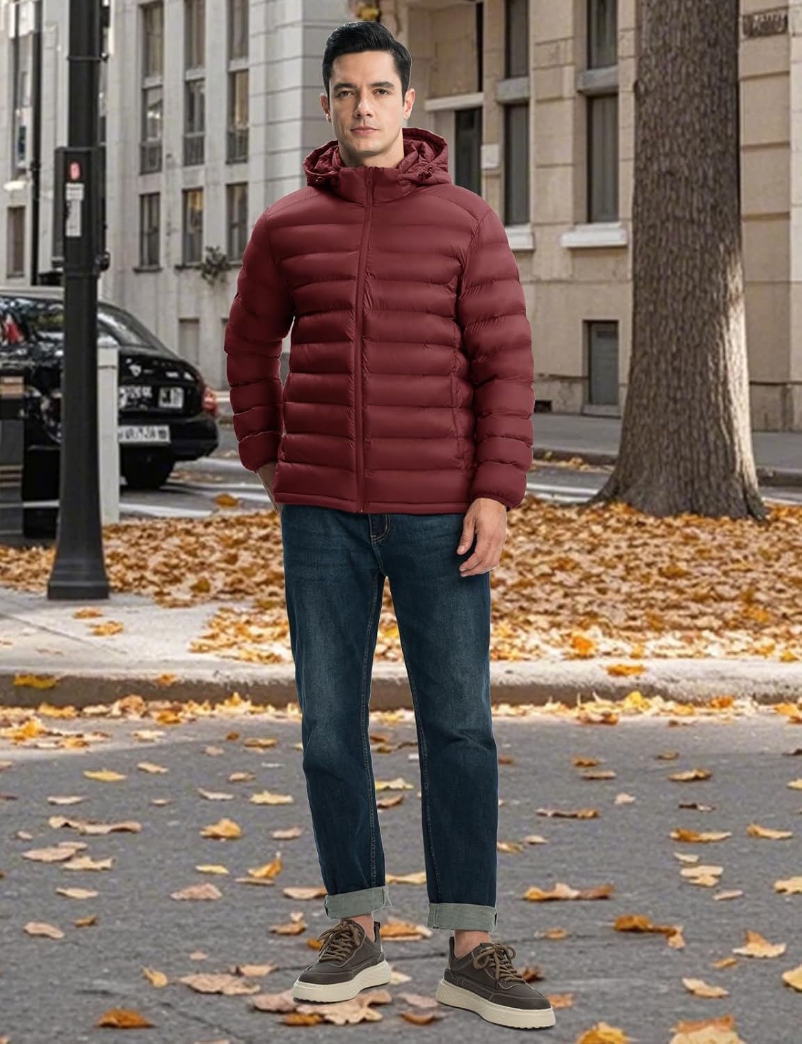 Detalle de TBMPOY Men's Lightweight Puffer Jacket with Detachable Hood, Water-Resistant Shell
