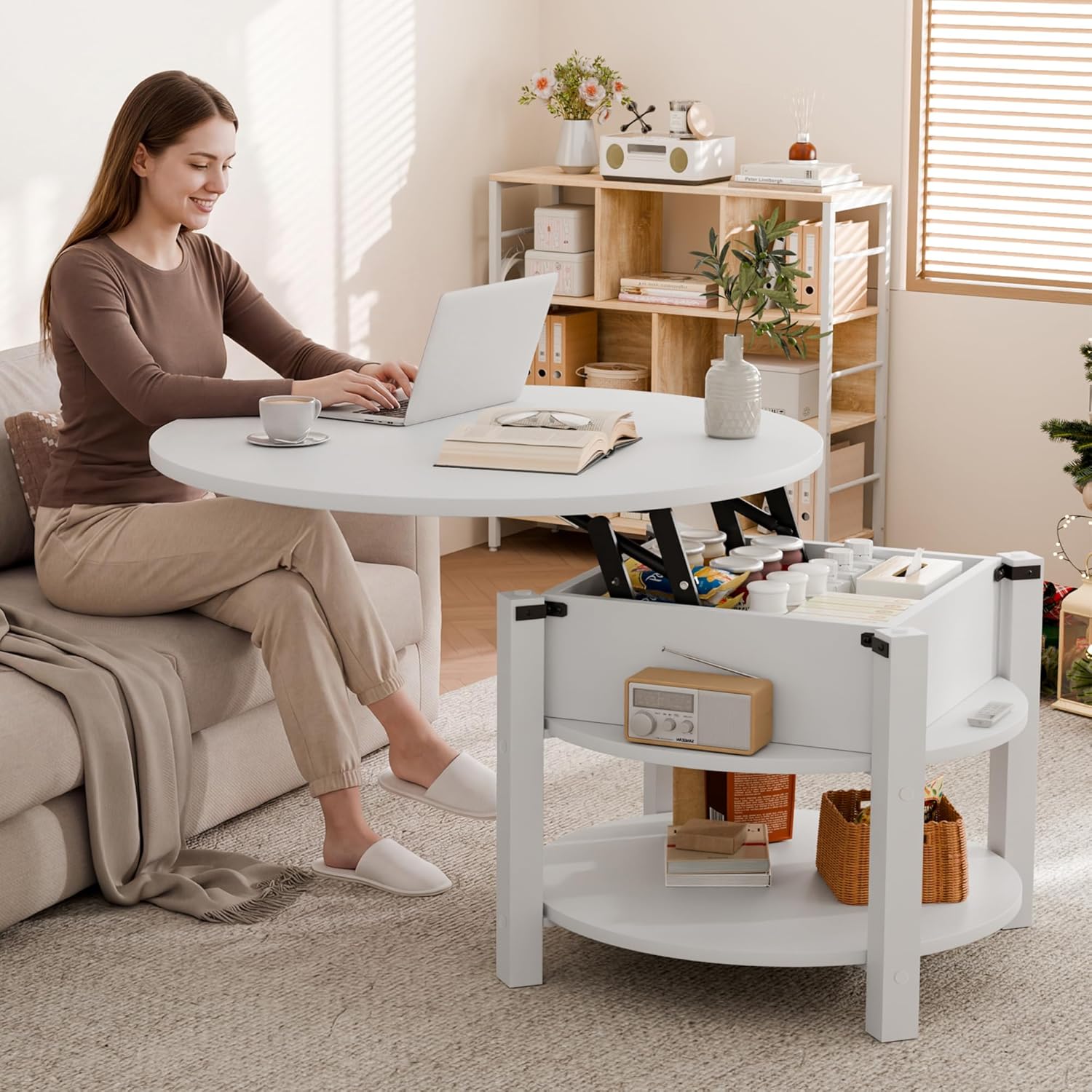 Detalle de ELUCHANG Table Basse avec Rangement Caché 2-en-1 — 80x80 cm, Blanc