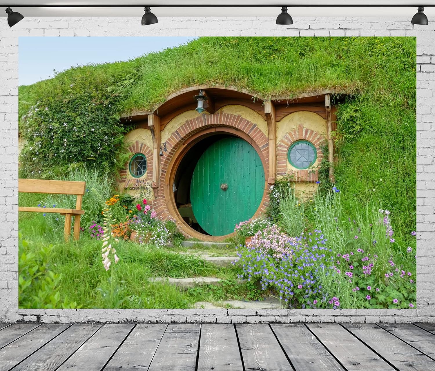 Detalle de BELECO 3x2.5m Fabric Hobbit Cave Photography Backdrop (Polyester, Green Grass Garden)