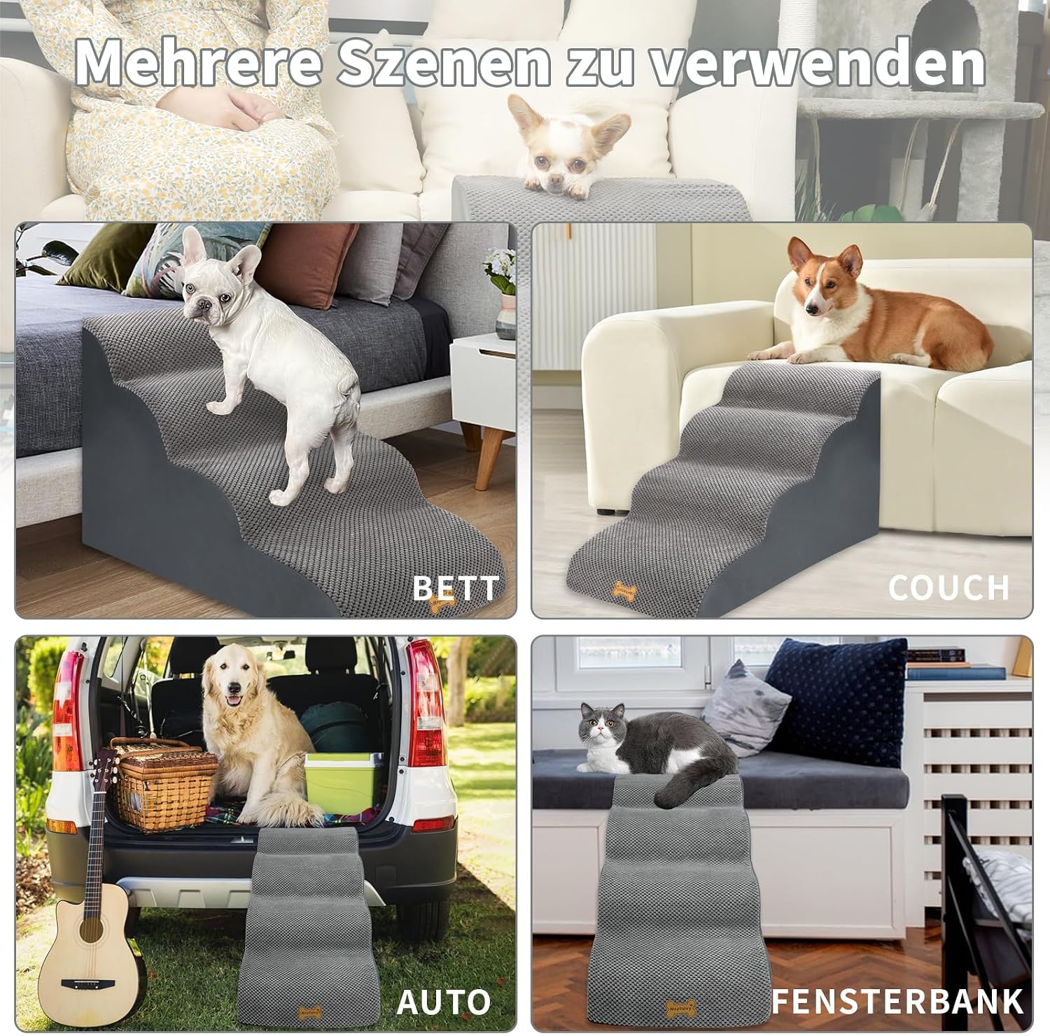 Detalle 2 de Nepfaivy 4-stufige Hundetreppe für kleine Hunde – 75×50×40 cm, abnehmbarer & waschbarer Bezug, rutschfester Boden