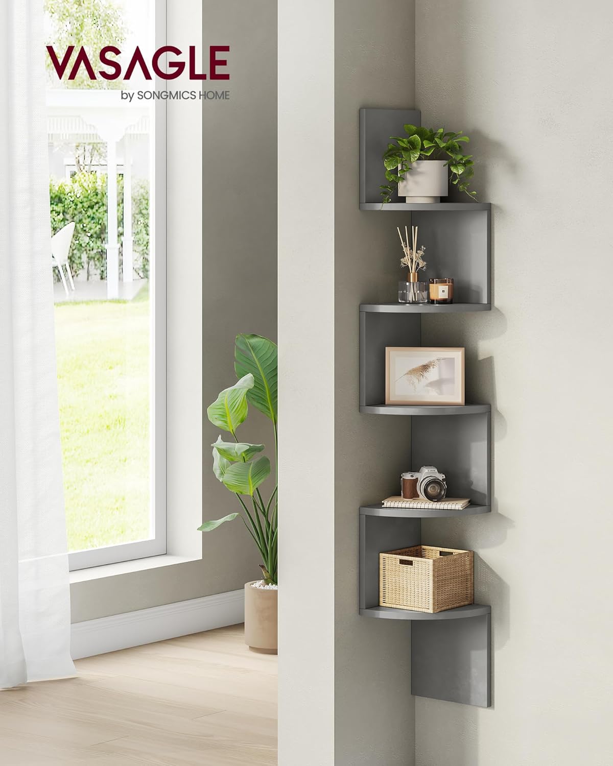 Detalle de VASAGLE Corner Wall Shelf 5-Tier Storage Shelf in Dove Grey