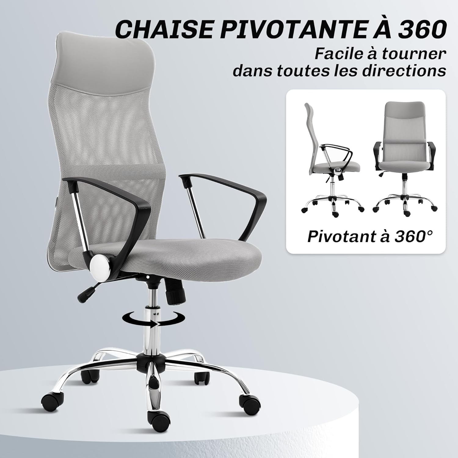Thumbnail 4 de HOMCOM Fauteuil de bureau manager grand confort avec dossier ergonomique, assise réglable et pivotante (tissu maille gris)