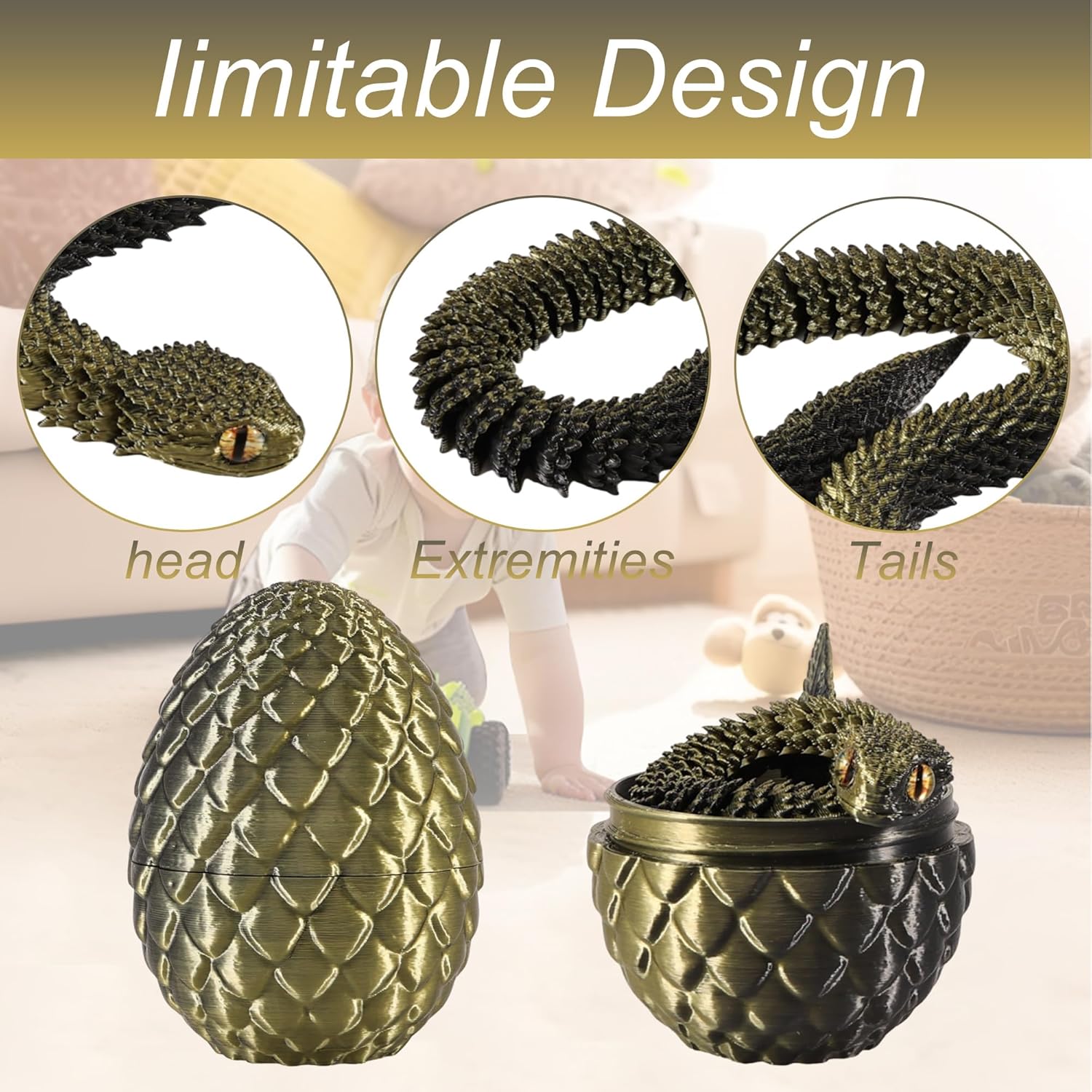 Detalle de Joycabin 3D Printed Animals: Movable Snake Toy & Dragon Egg Set (Black Copper)