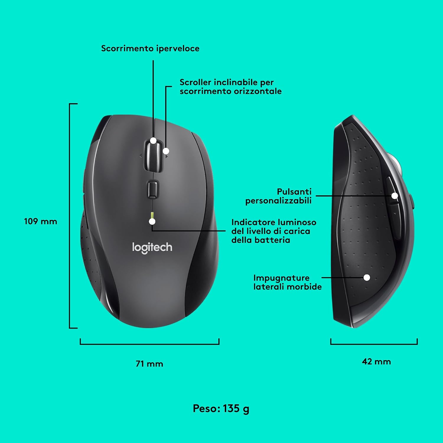 Thumbnail 6 de Logitech M705 Marathon Mouse Wireless con ricevitore Unifying: autonomia da 3 anni, 5 tasti programmabili e scorrimento ultraveloce
