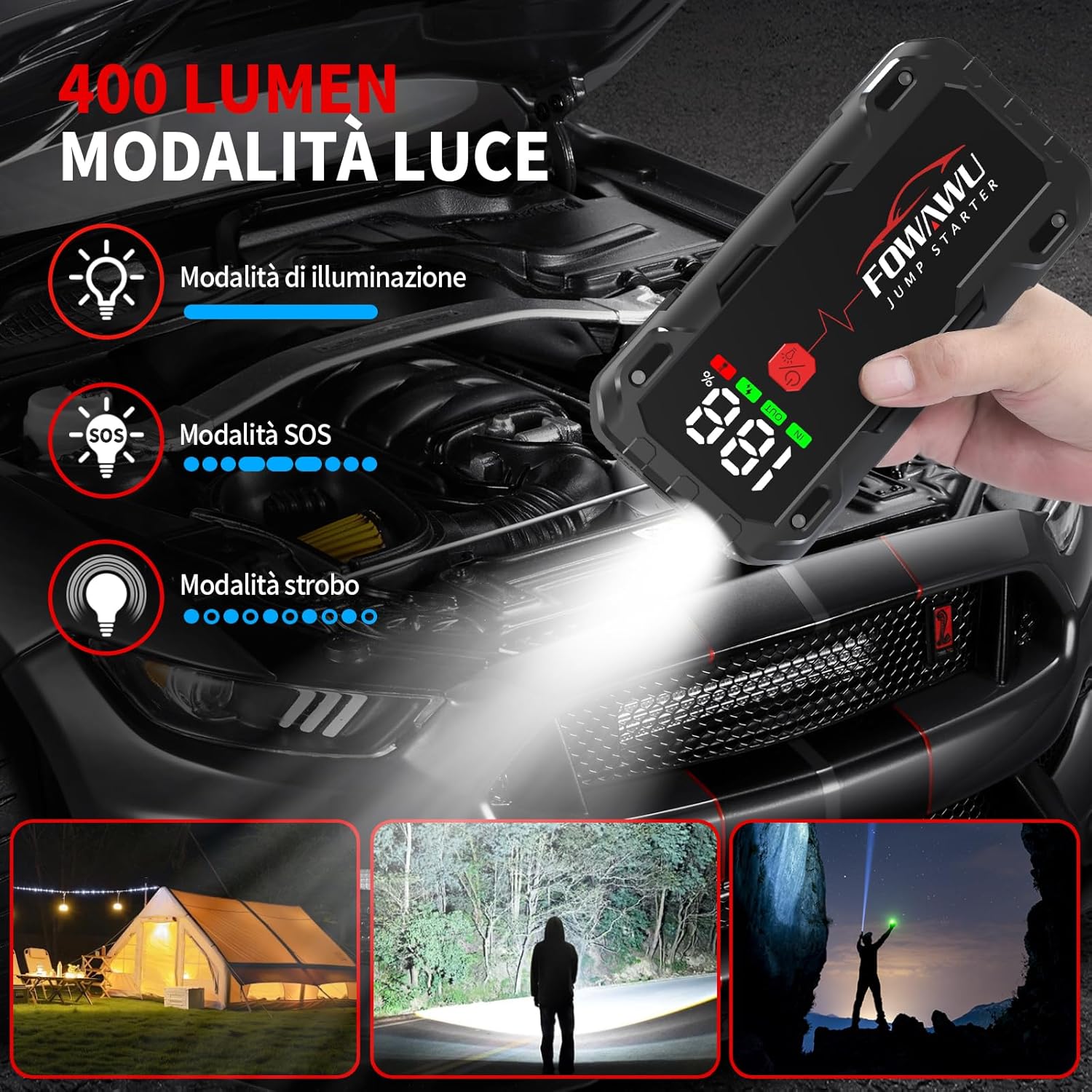 Detalle 2 de FOWAWU 7000A Avviatore Batteria Auto: Powerbank di Emergenza 26800 mAh per Auto/Moto con Sicurezza Intelligente