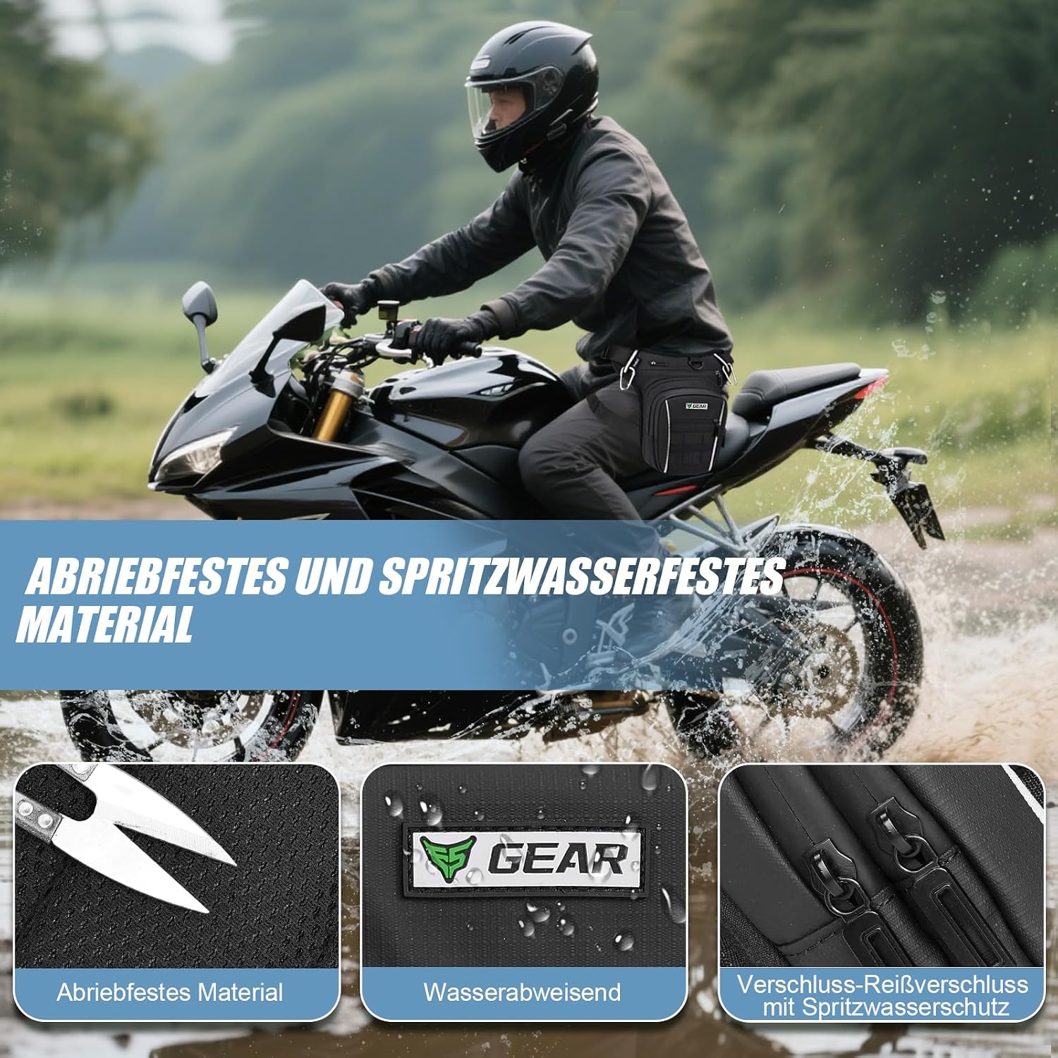 Thumbnail 3 de Eshow Beintasche Motorrad – Erweiterbare Oberschenkeltasche für Herren und Damen, verstellbarer Bein- und Hüftgurt, Reflexstreifen, 2 Karabiner, wasserdicht
