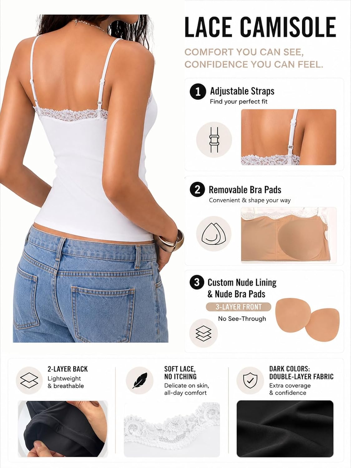 Detalle 2 de Starrylion Padded Lace Crop Tank Top with Removable Pads and Adjustable Straps