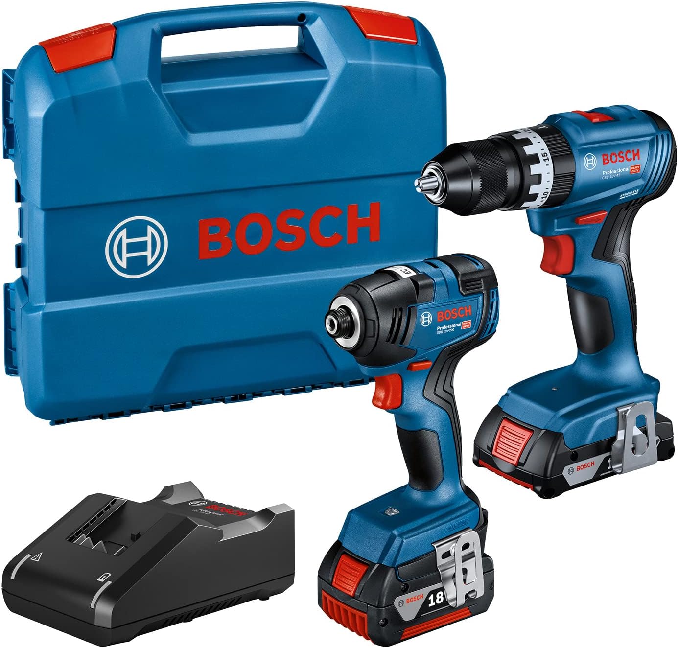 Detalle de Bosch Professional 18V System combi-kit : Visseuse à chocs GDR 18V-200 + perceuse-visseuse à percussion GSB 18V-45 – Set Amazon Exclusive