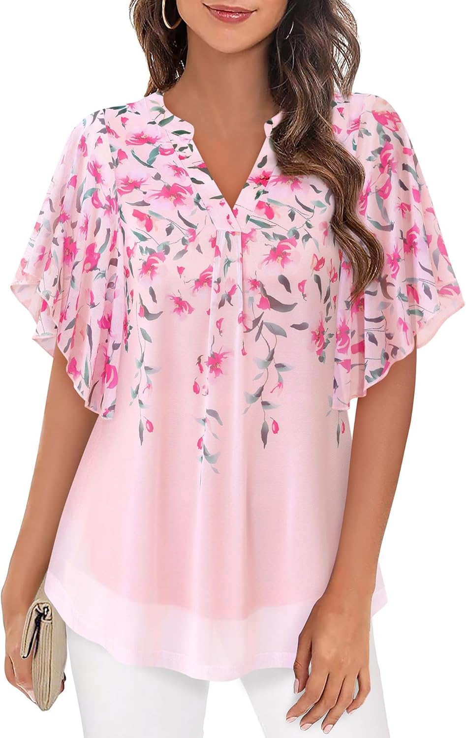 Detalle de Timeson Women’s Short Sleeve V-Neck Blouses Floral Double-Layer Mesh Tunic Tops