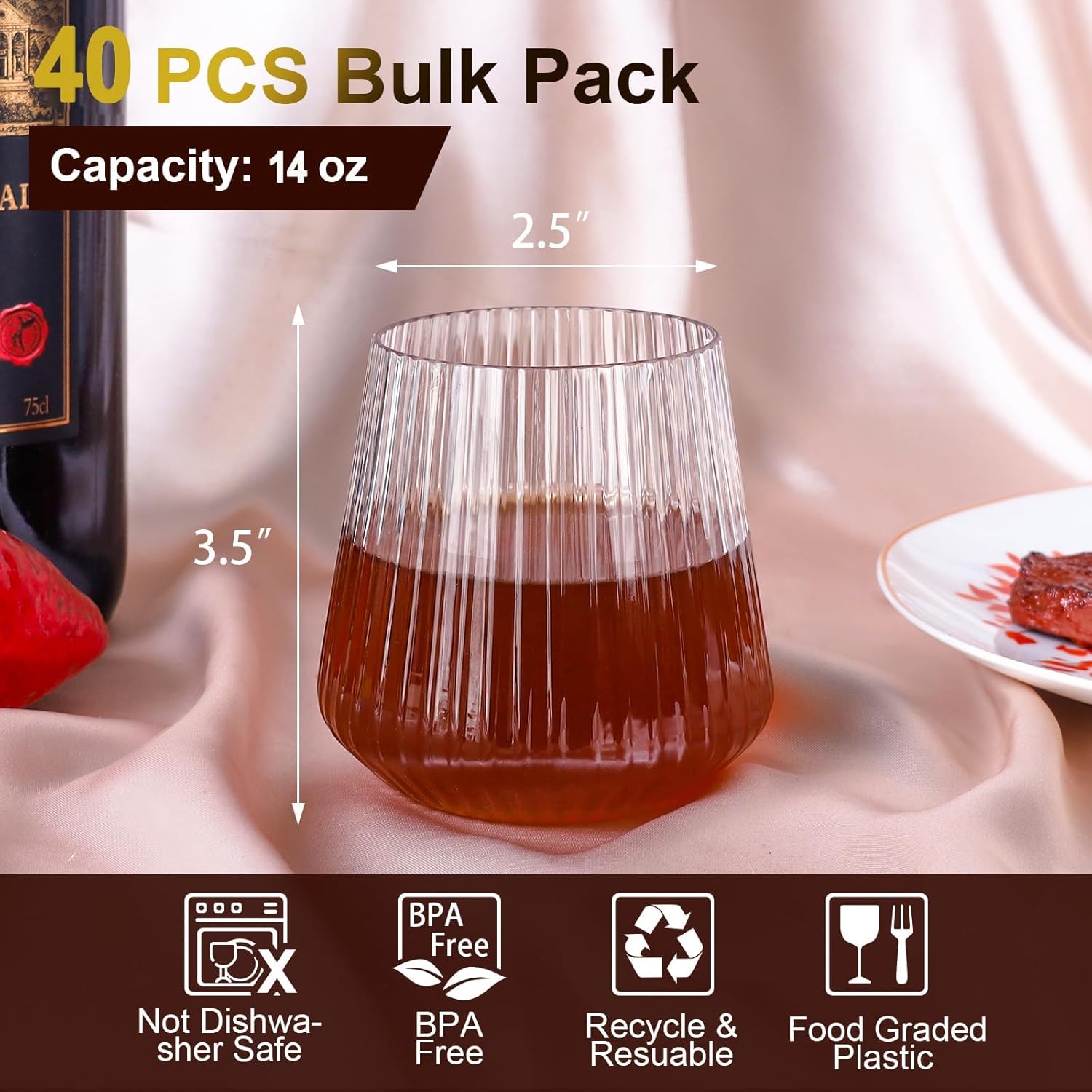 Detalle 2 de Lueumxc 14oz Ribbed Plastic Wine Glasses 🍷