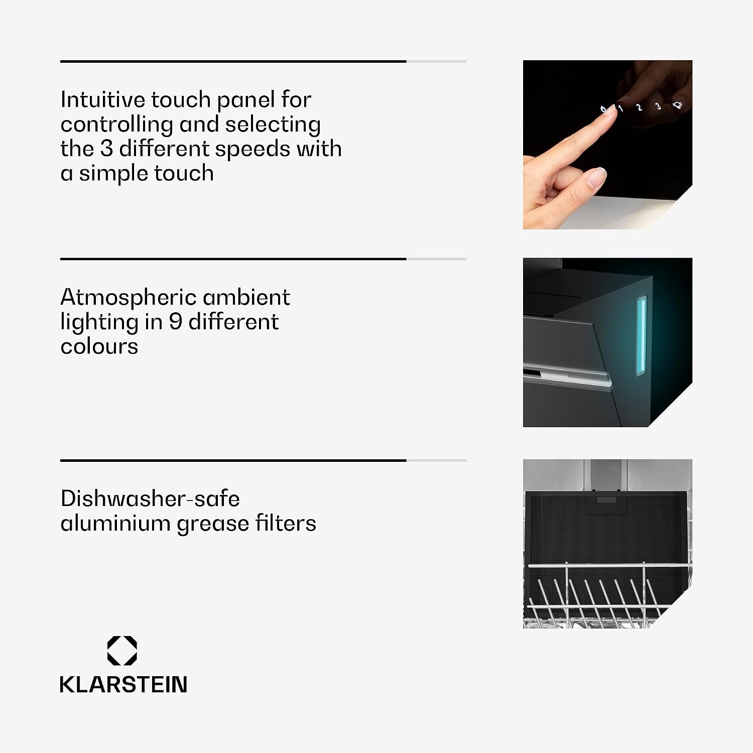 Thumbnail 5 de Klarstein Alina CGCH3-Alina 70-BK – okap ścienny 70 cm, 540 m³/h, 3 poziomy