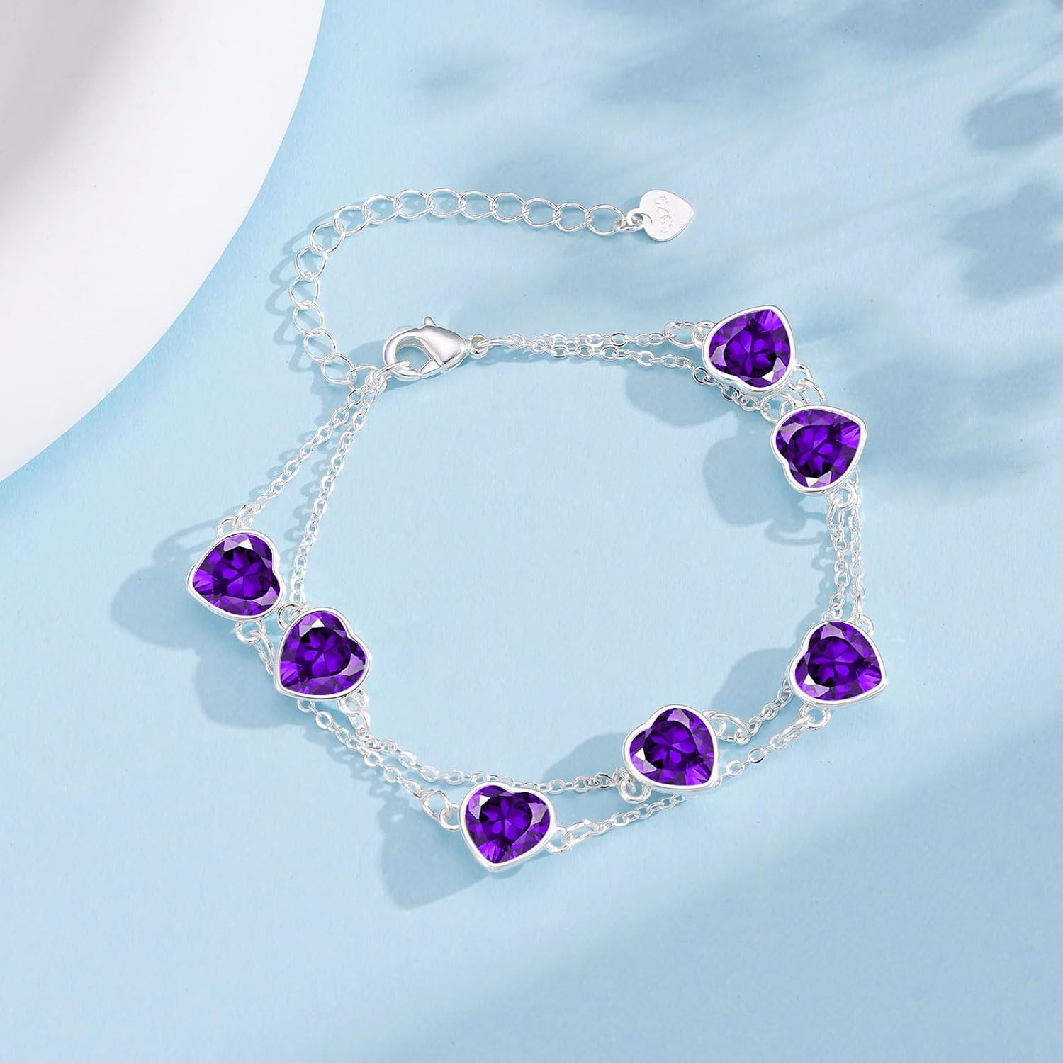 Detalle 2 de Miss Chipmunk Geburtsstein Armband 925er Sterlingsilber – Herz-Doppelarmband mit Geburtsstein