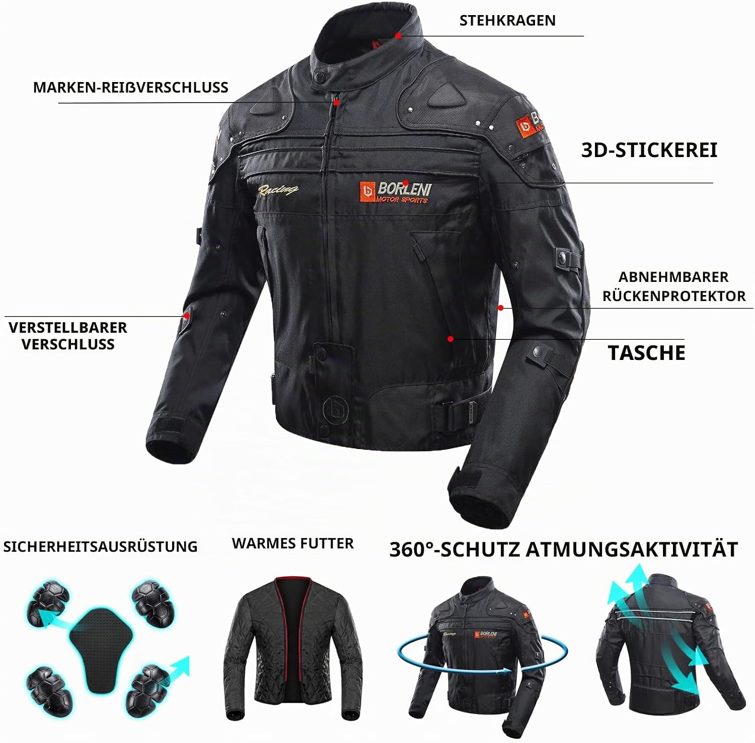 Detalle de BORLENI Motorradjacke Herren – winddichte Jacke mit Protektoren, elastischem Innenfutter, schwarz, XL