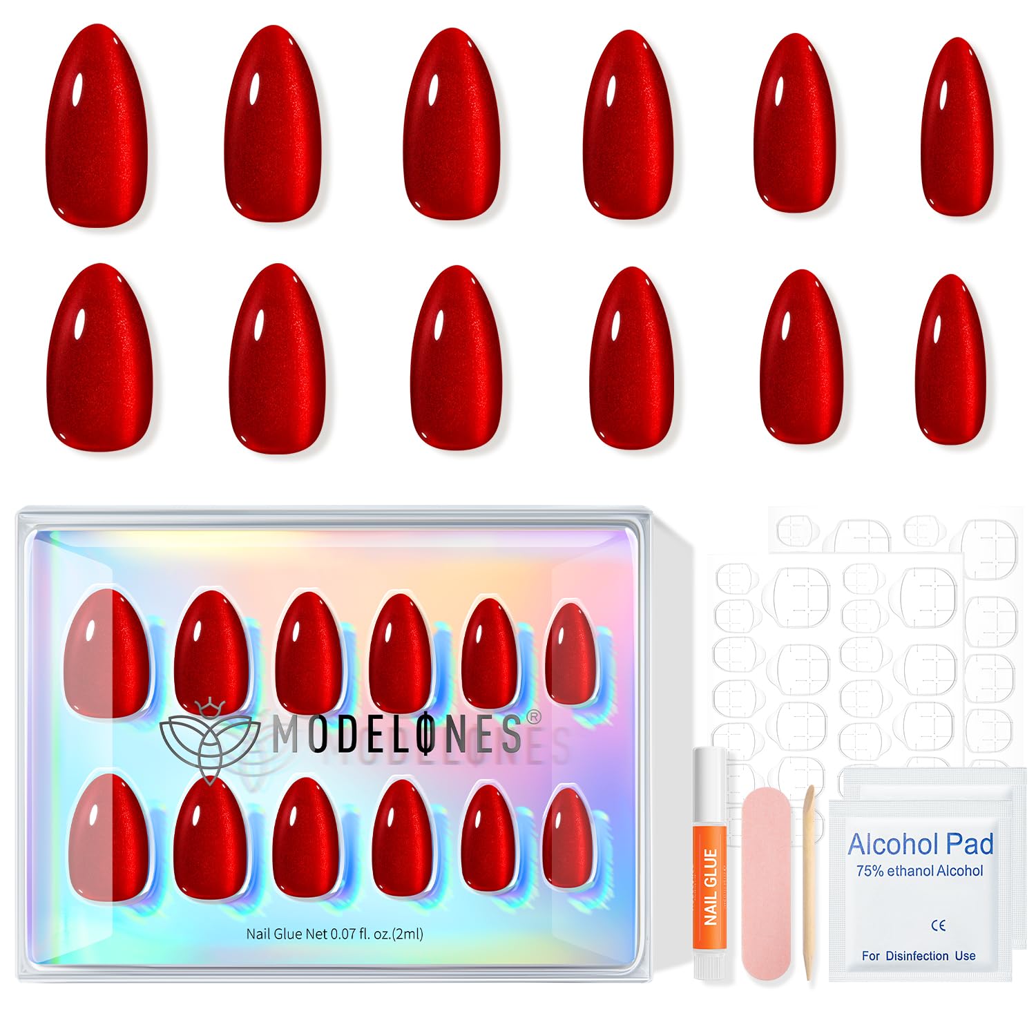 Thumbnail 6 de Modelones Red Cat Eye Almond Press-On Nails, Short Reusable Kit, 32 Pieces