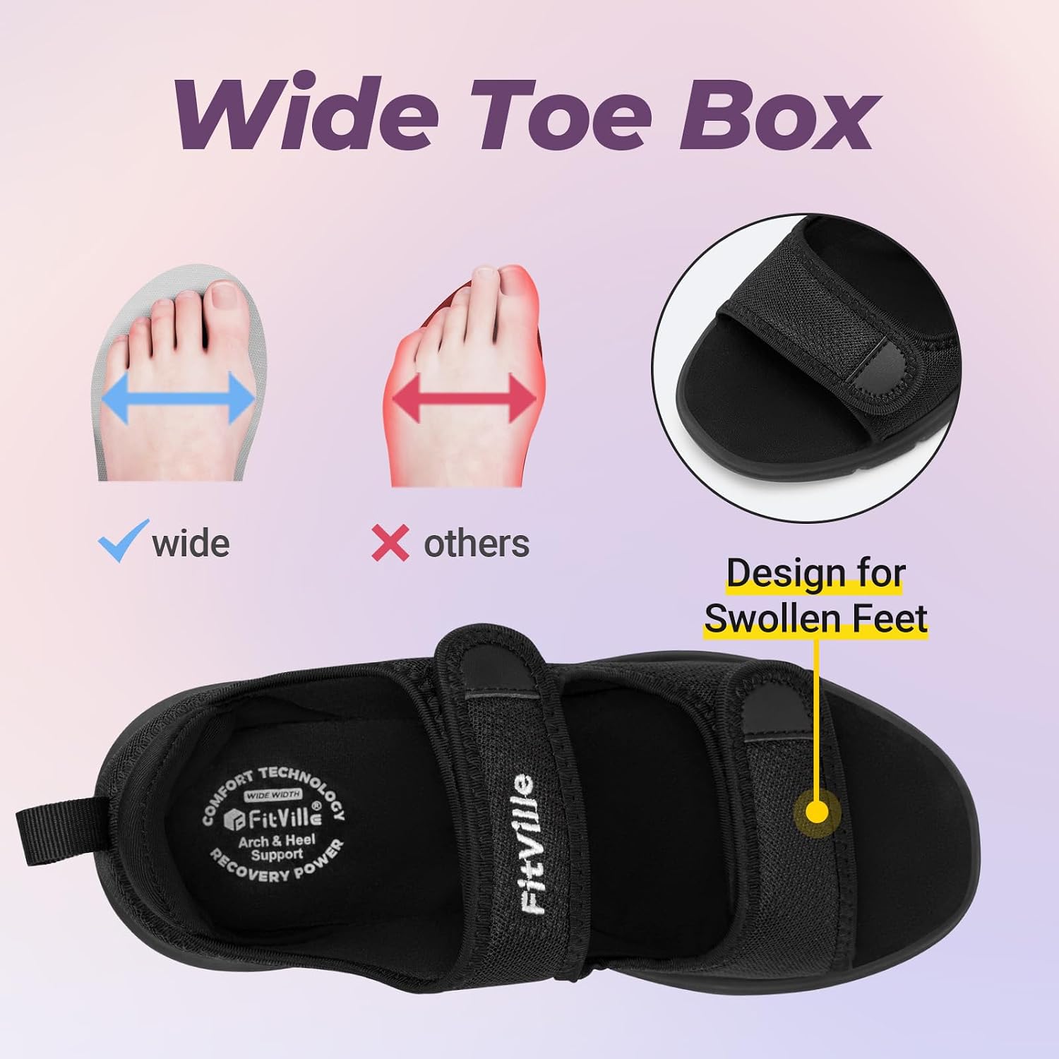 Detalle de FitVille Women's Wide Fit Open Toe Diabetic Sandals: Adjustable, Cushioned Footwear for Swollen Feet