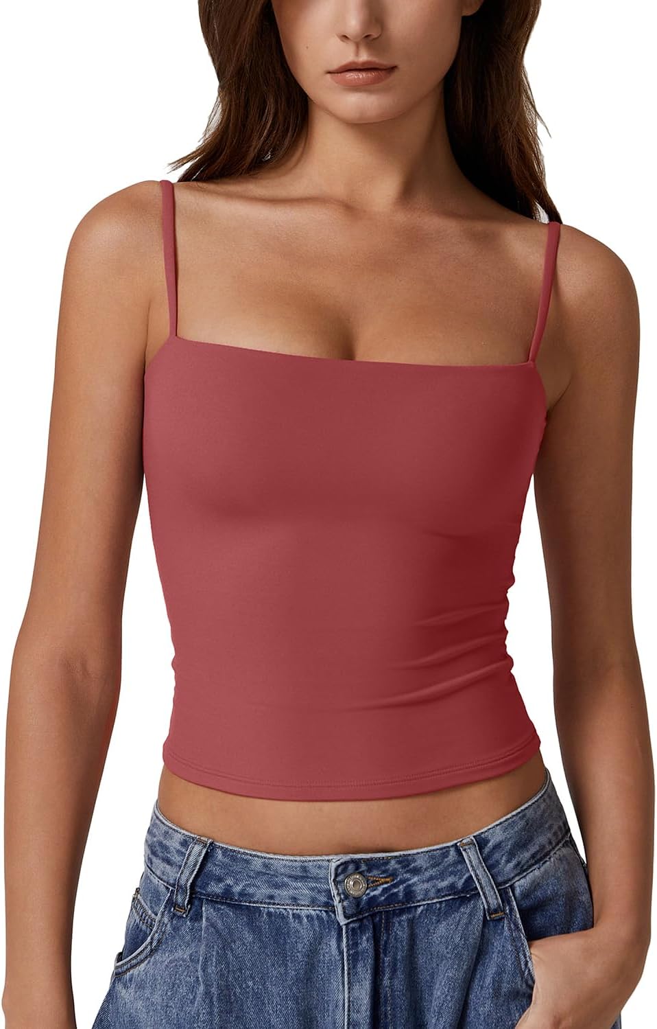 Detalle de QINSEN Women's Double Lined Basic Tank Top with Adjustable Spaghetti Straps