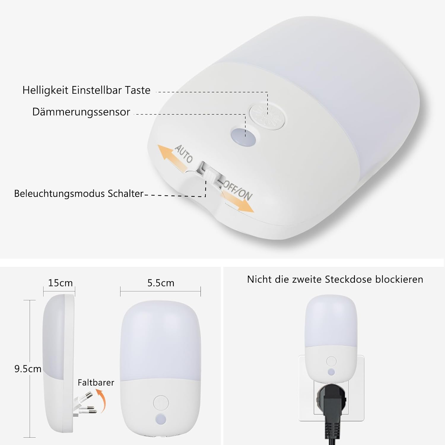 Thumbnail 1 de echosari Nachtlicht-Steckdose mit Dämmerungssensor (4er-Set, Warmweiß) – ON/OFF/AUTO mit Dimmen