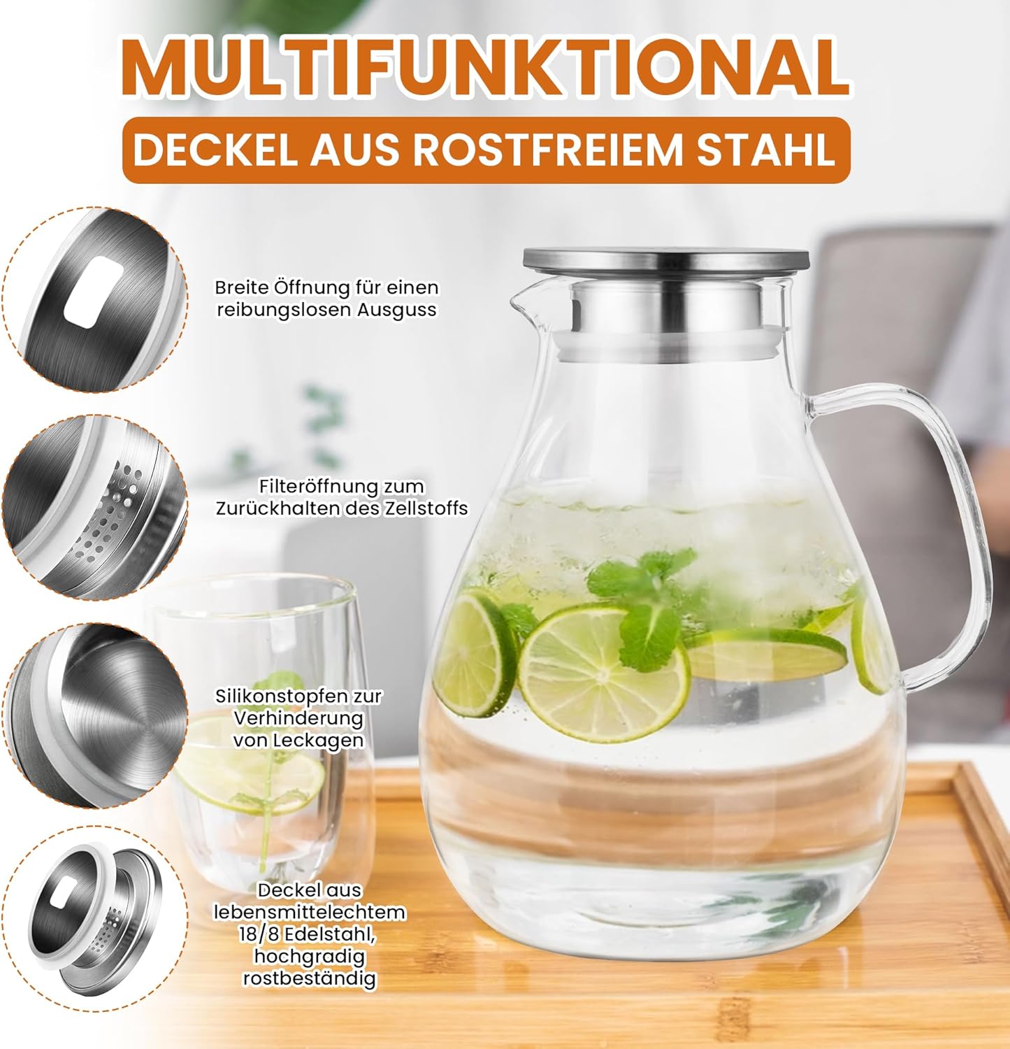 Thumbnail 2 de SUSTEAS Wasserkaraffe 3,0 Liter aus Borosilikatglas mit Deckel, breitem Griff & Reinigungsbürste