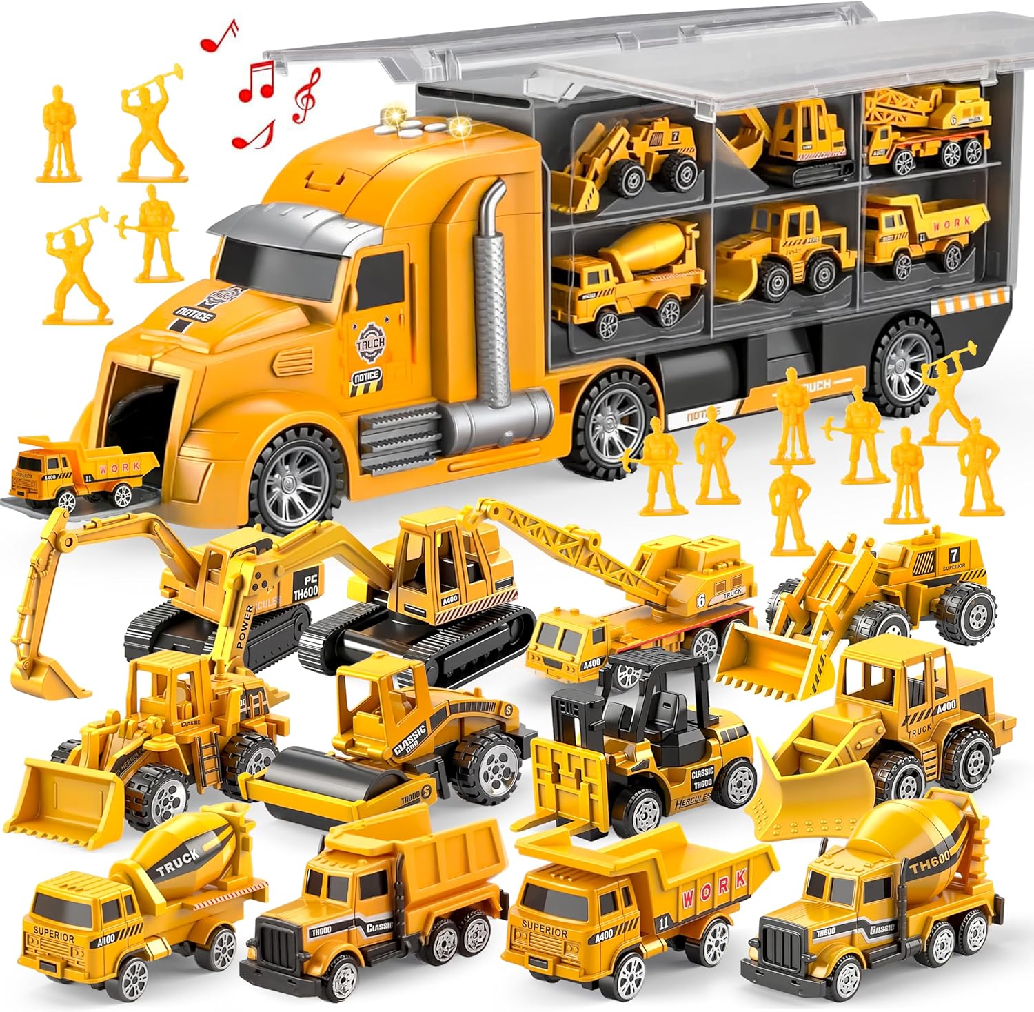 Detalle de JOYIN 25 in 1 Construction Truck Vehicle Toy Set with Sounds & Lights (mini digger, dumper & carrier truck)